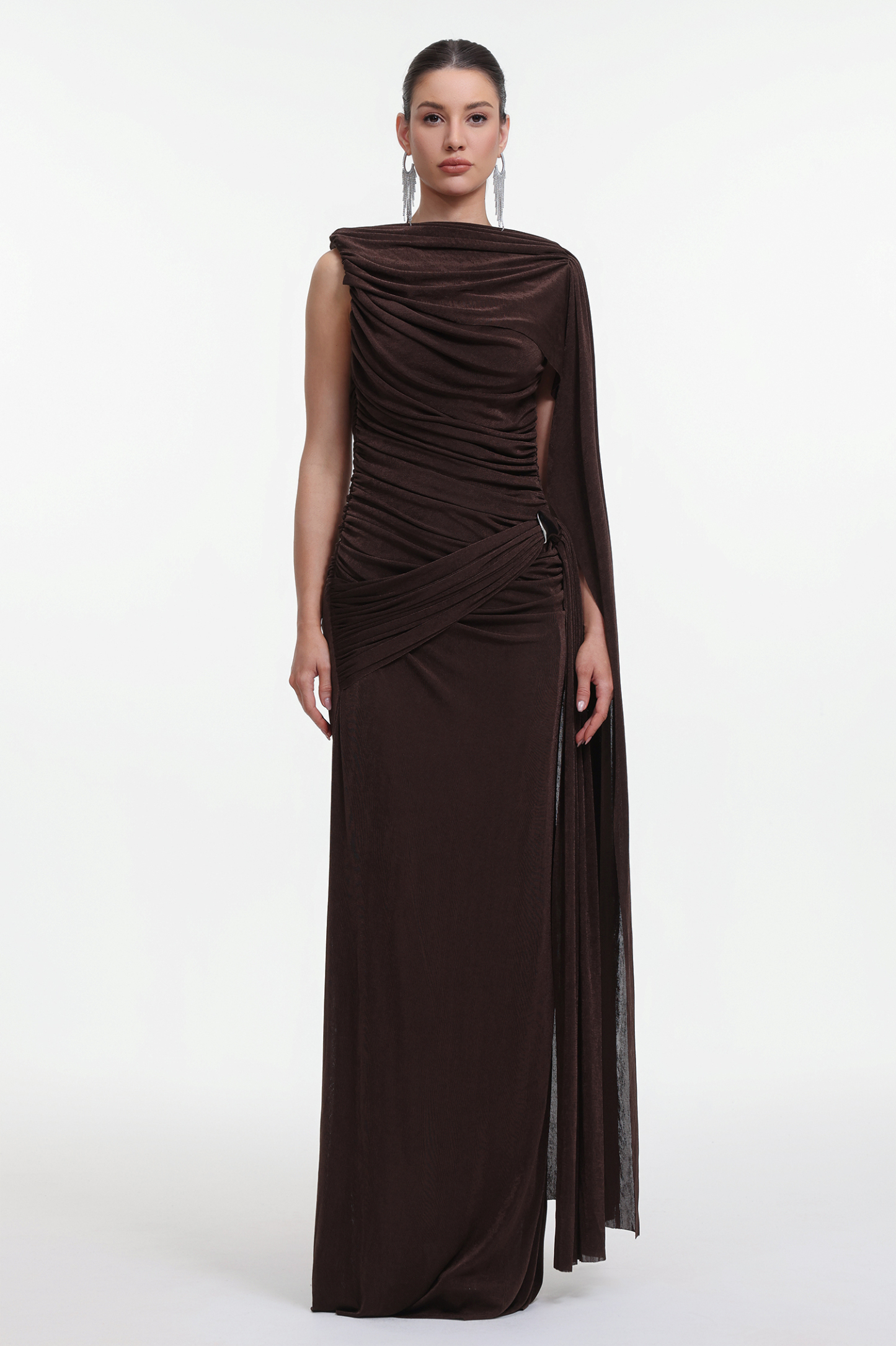 Yahir Elegant Contour Sleeveless Ruched Knit Brown Maxi Dress