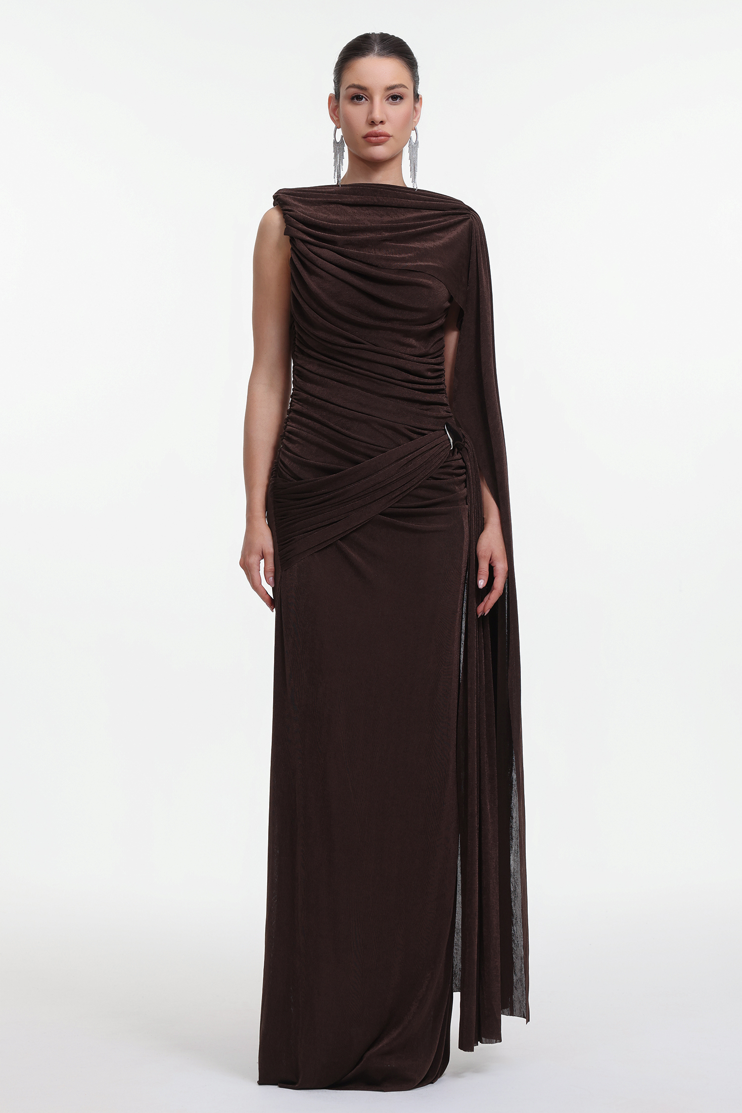 Yahir Elegant Contour Sleeveless Ruched Knit Brown Maxi Dress
