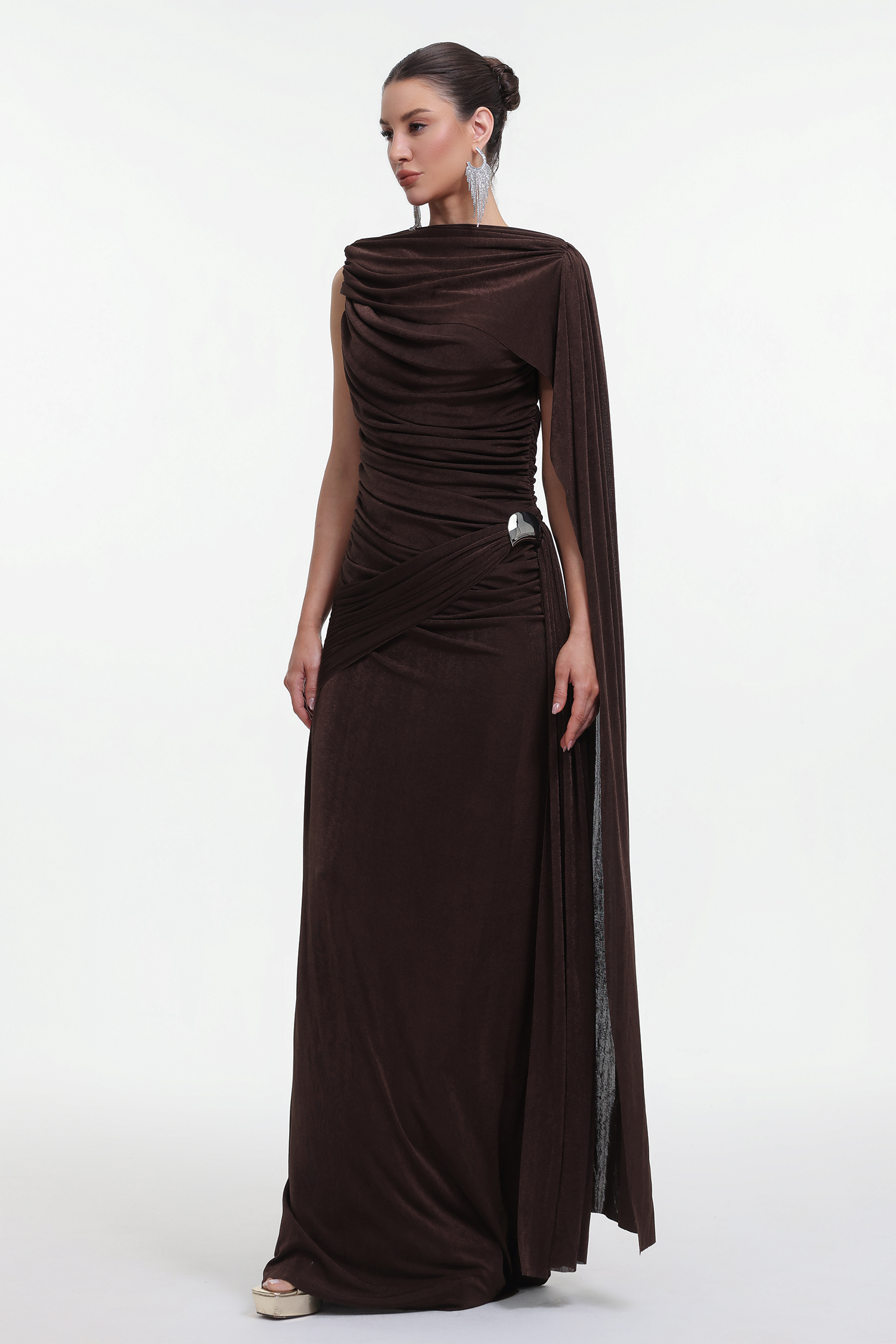 Yahir Elegant Contour Sleeveless Ruched Knit Brown Maxi Dress