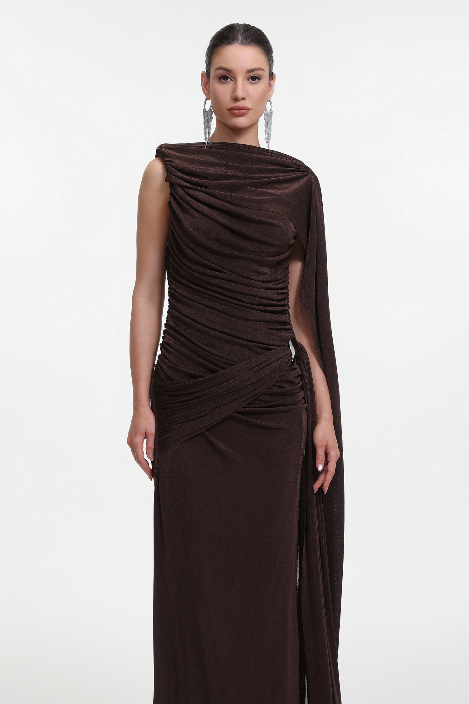 Yahir Elegant Contour Sleeveless Ruched Knit Brown Maxi Dress