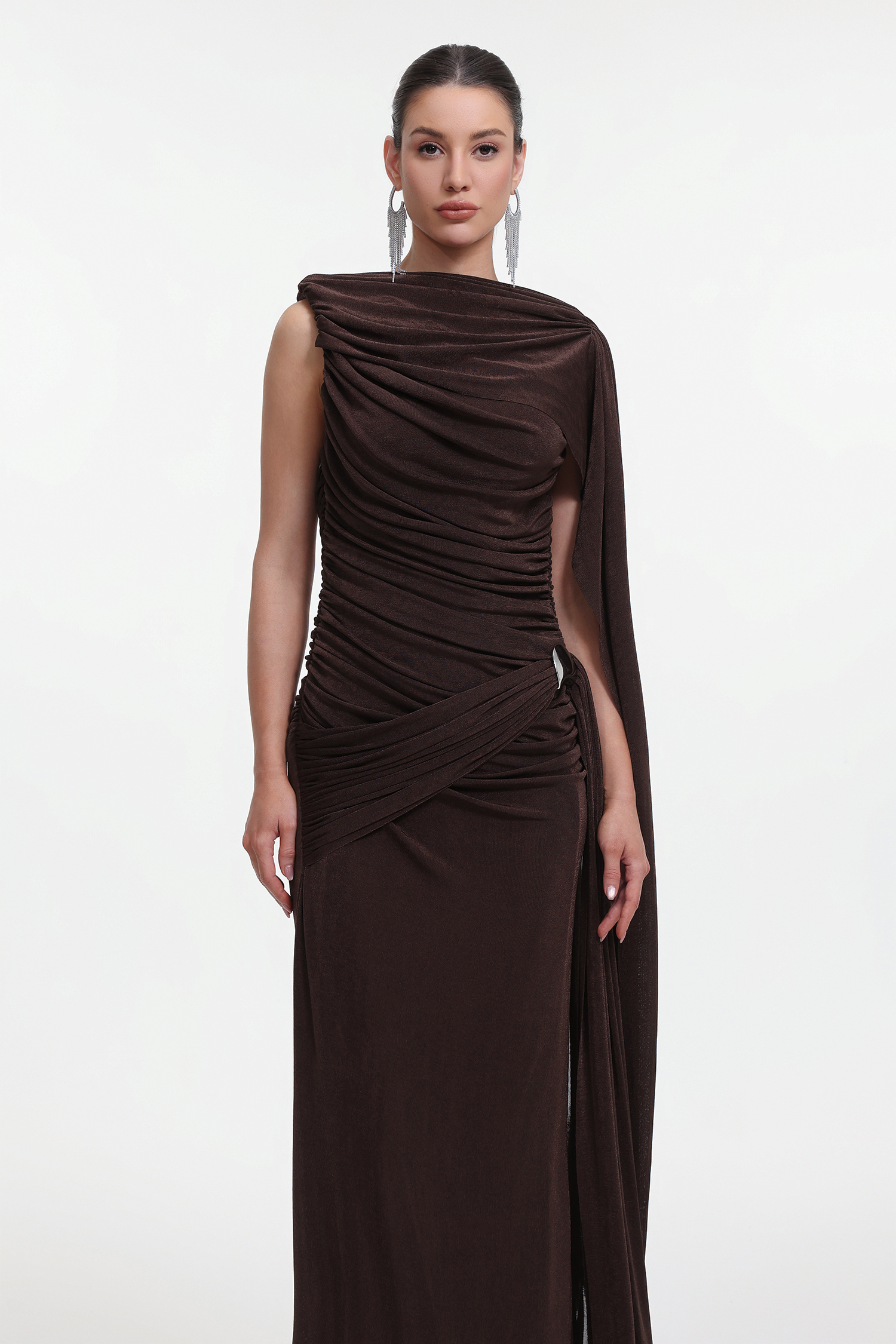 Yahir Elegant Contour Sleeveless Ruched Knit Brown Maxi Dress