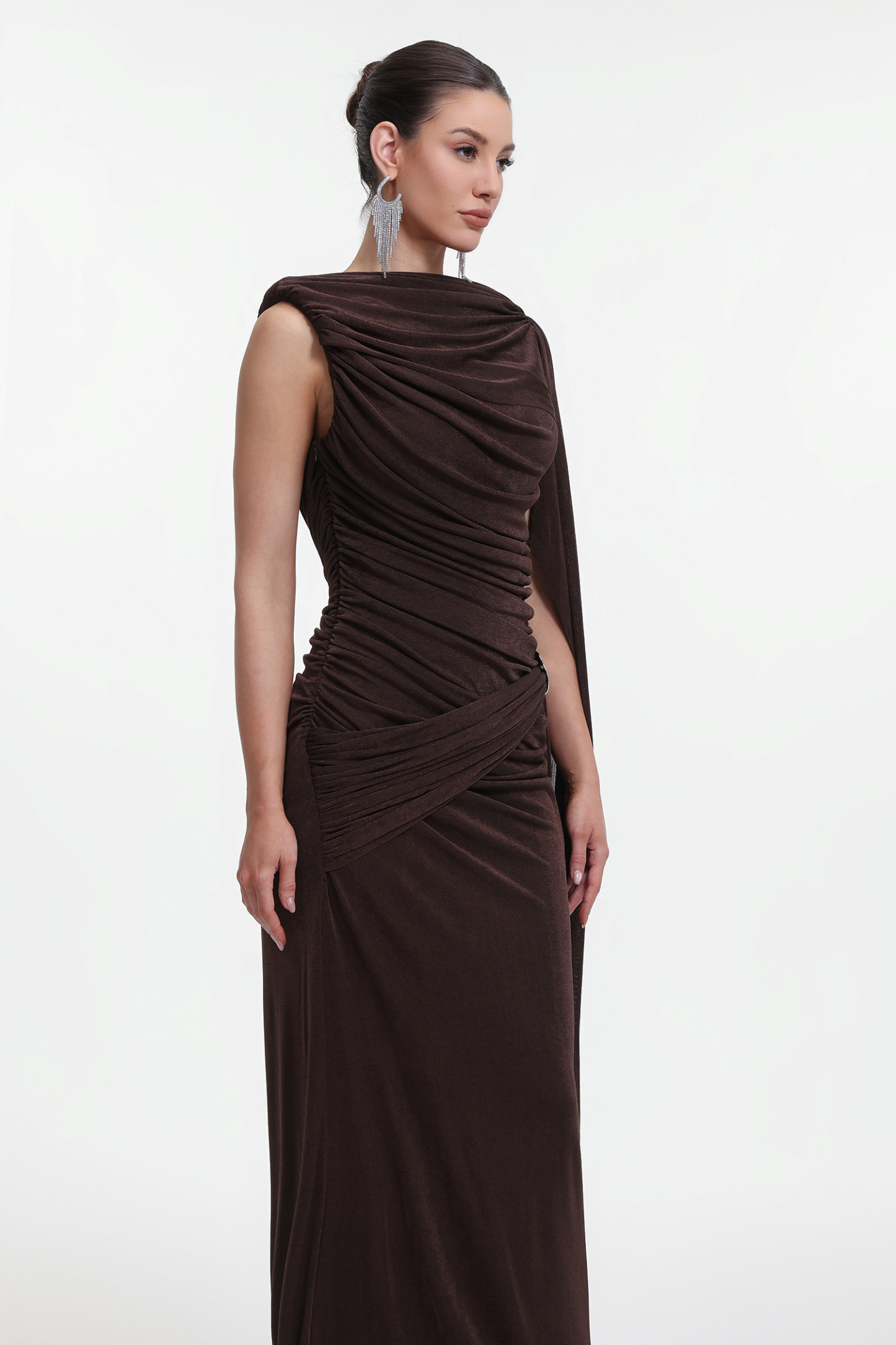 Yahir Elegant Contour Sleeveless Ruched Knit Brown Maxi Dress
