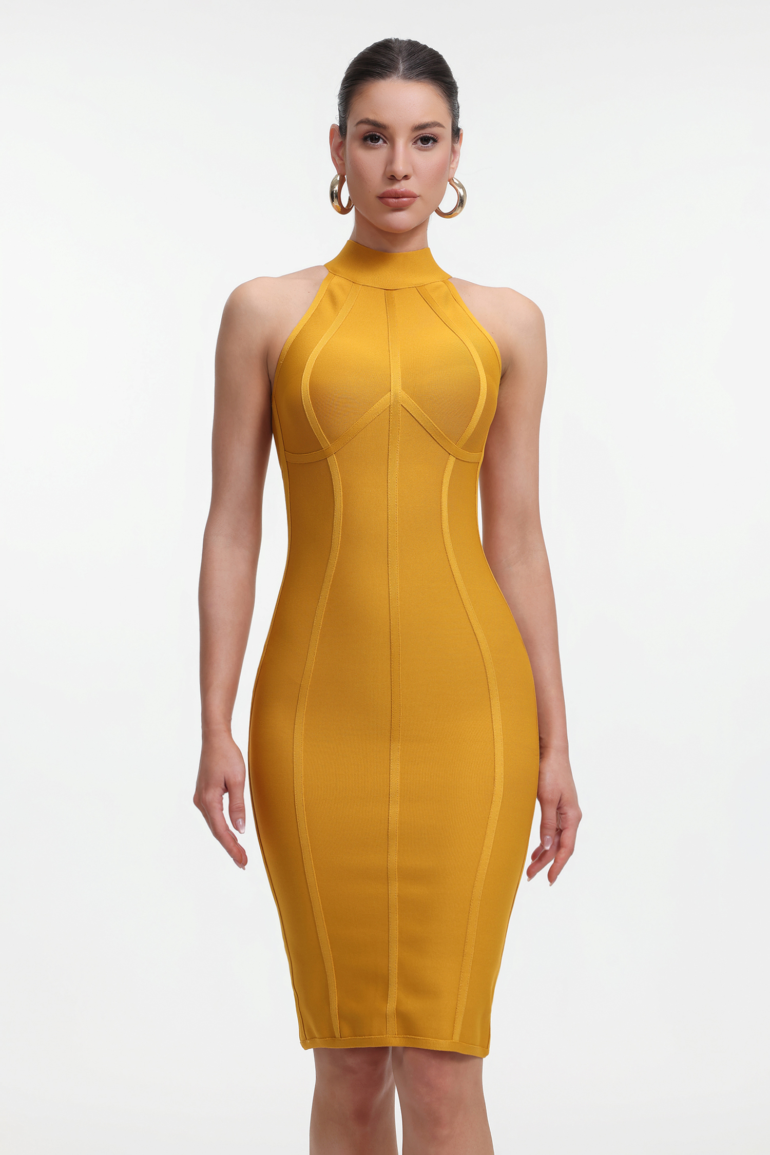 Hatsie Chic Contour Halter Bandage Midi Dress