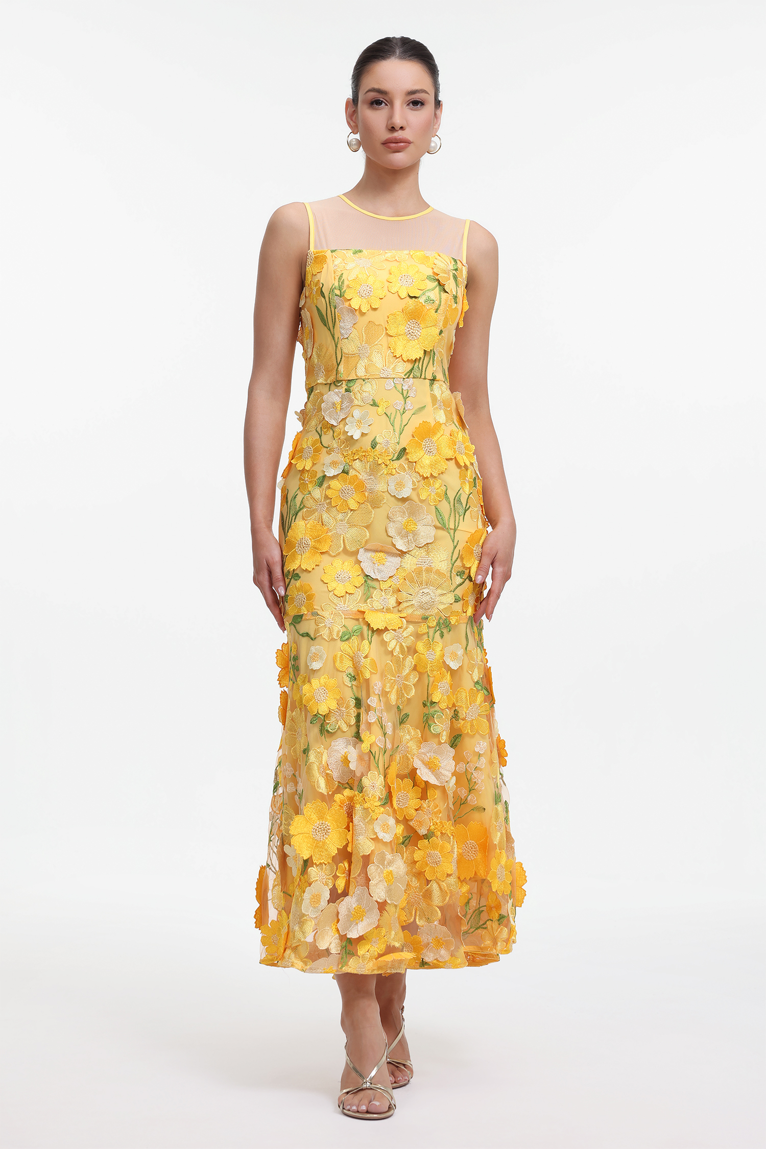 Uama Romantic Embellished Sleeveless Floral Maxi Dress