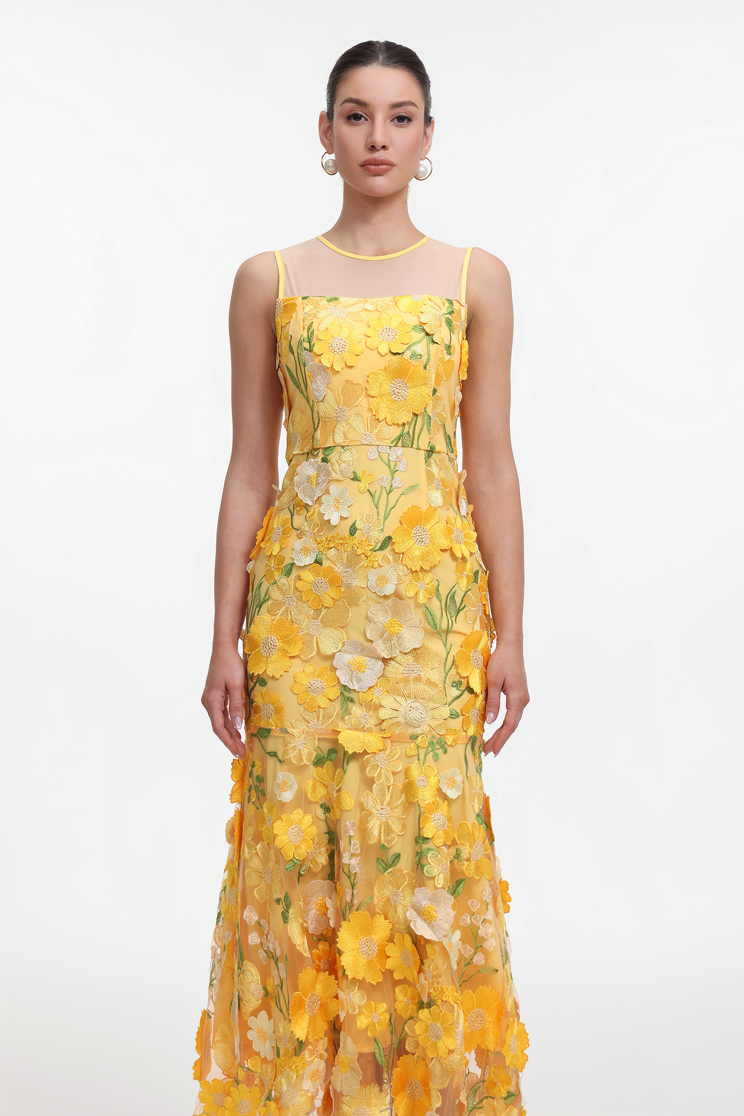 Uama Romantic Embellished Sleeveless Floral Maxi Dress