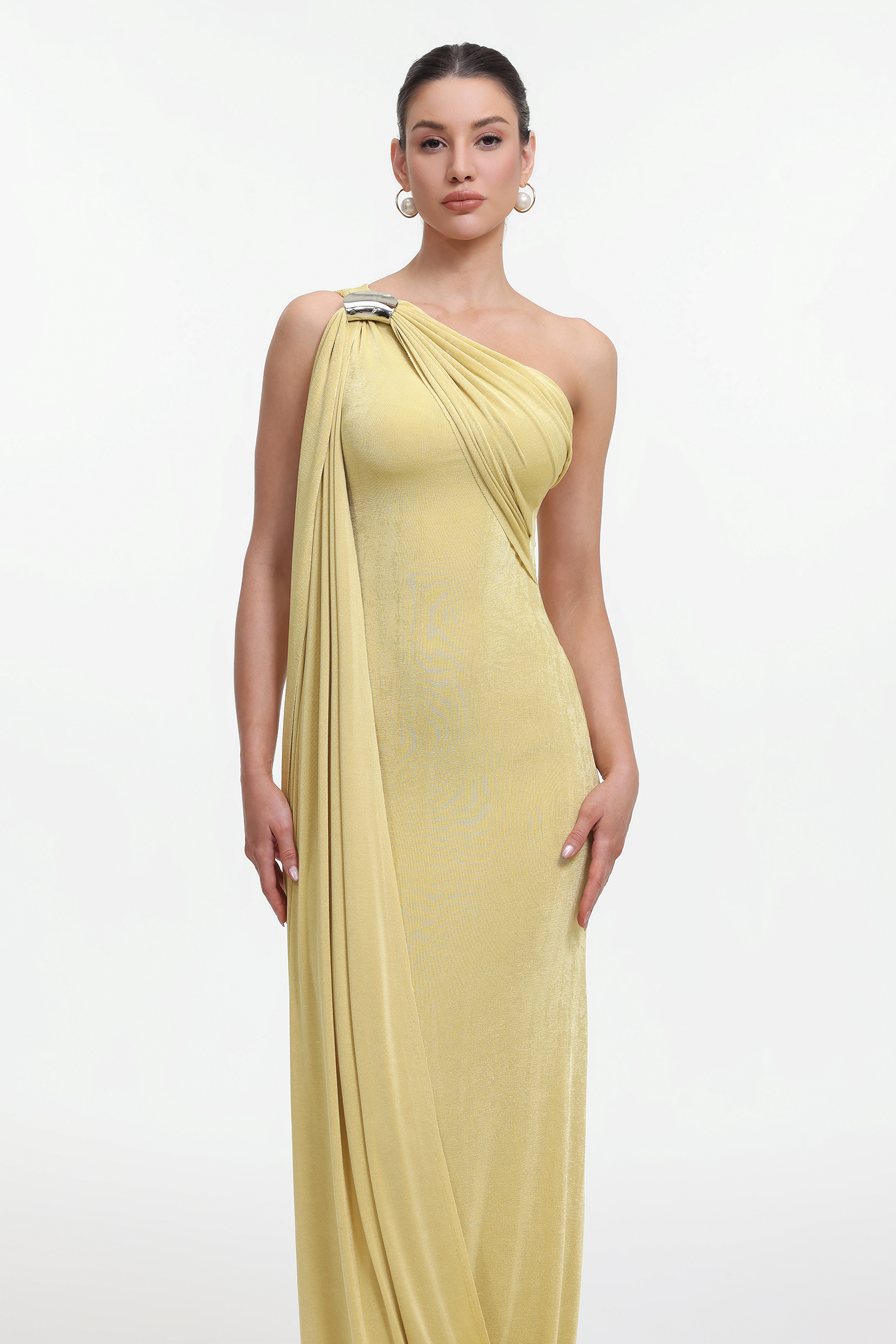 Dazie Elegant Contour One Shoulder Draped Knit Maxi Dress