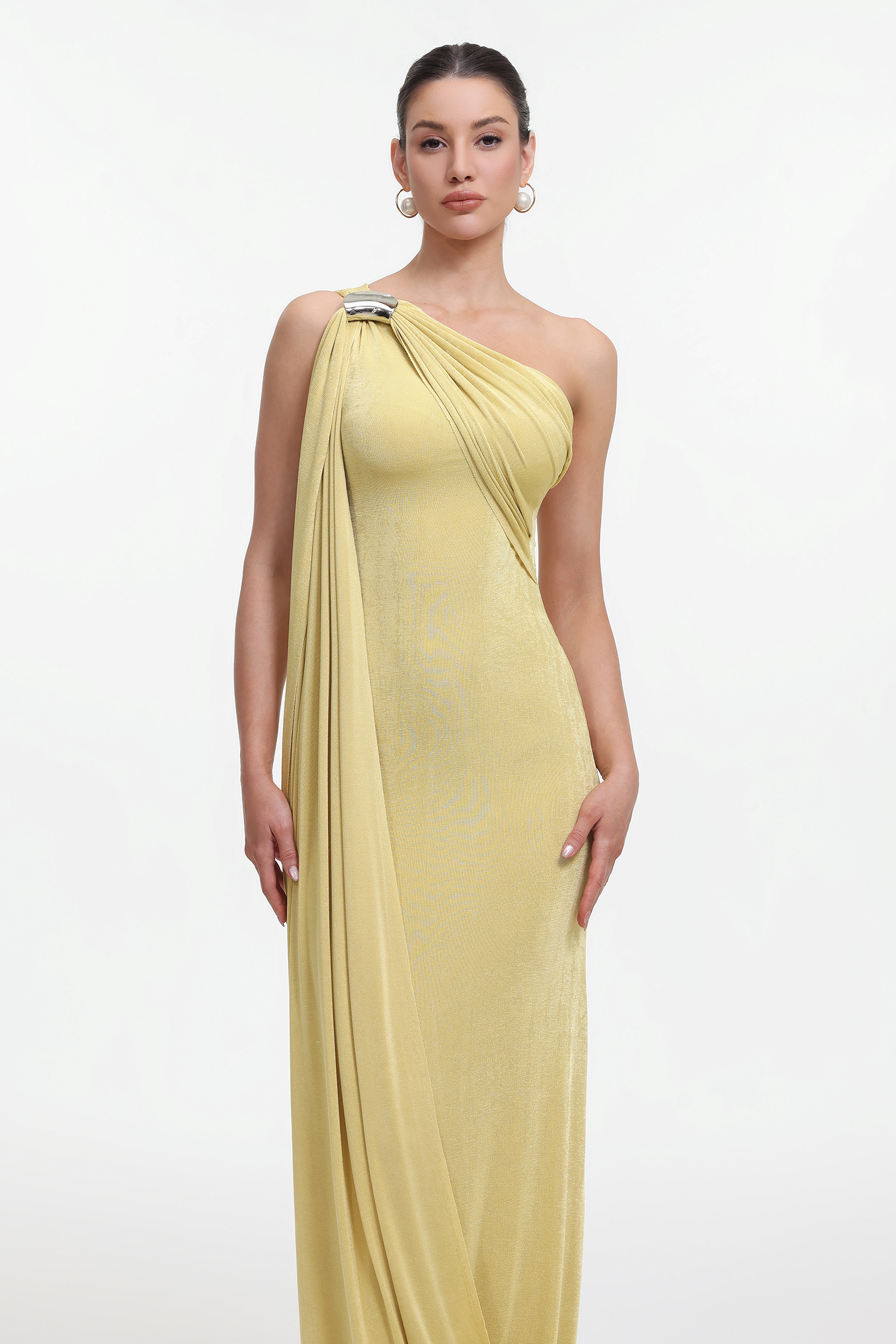 Dazie Elegant Contour One Shoulder Draped Knit Maxi Dress