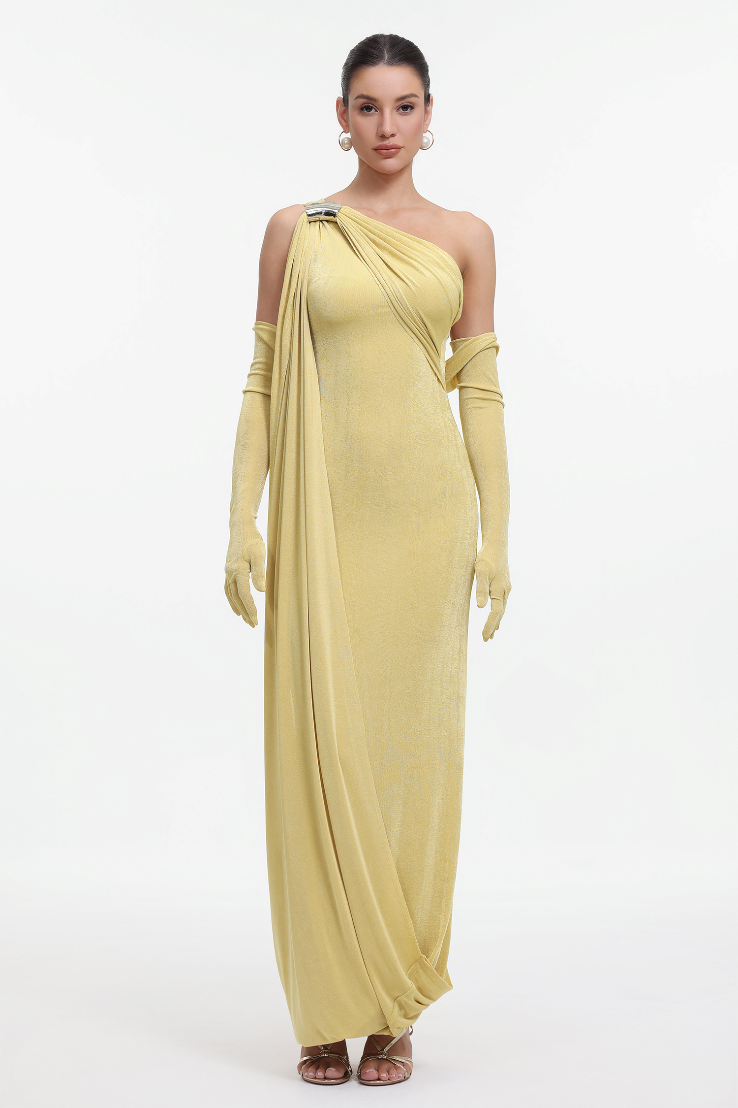 Dazie Elegant Contour One Shoulder Draped Knit Maxi Dress