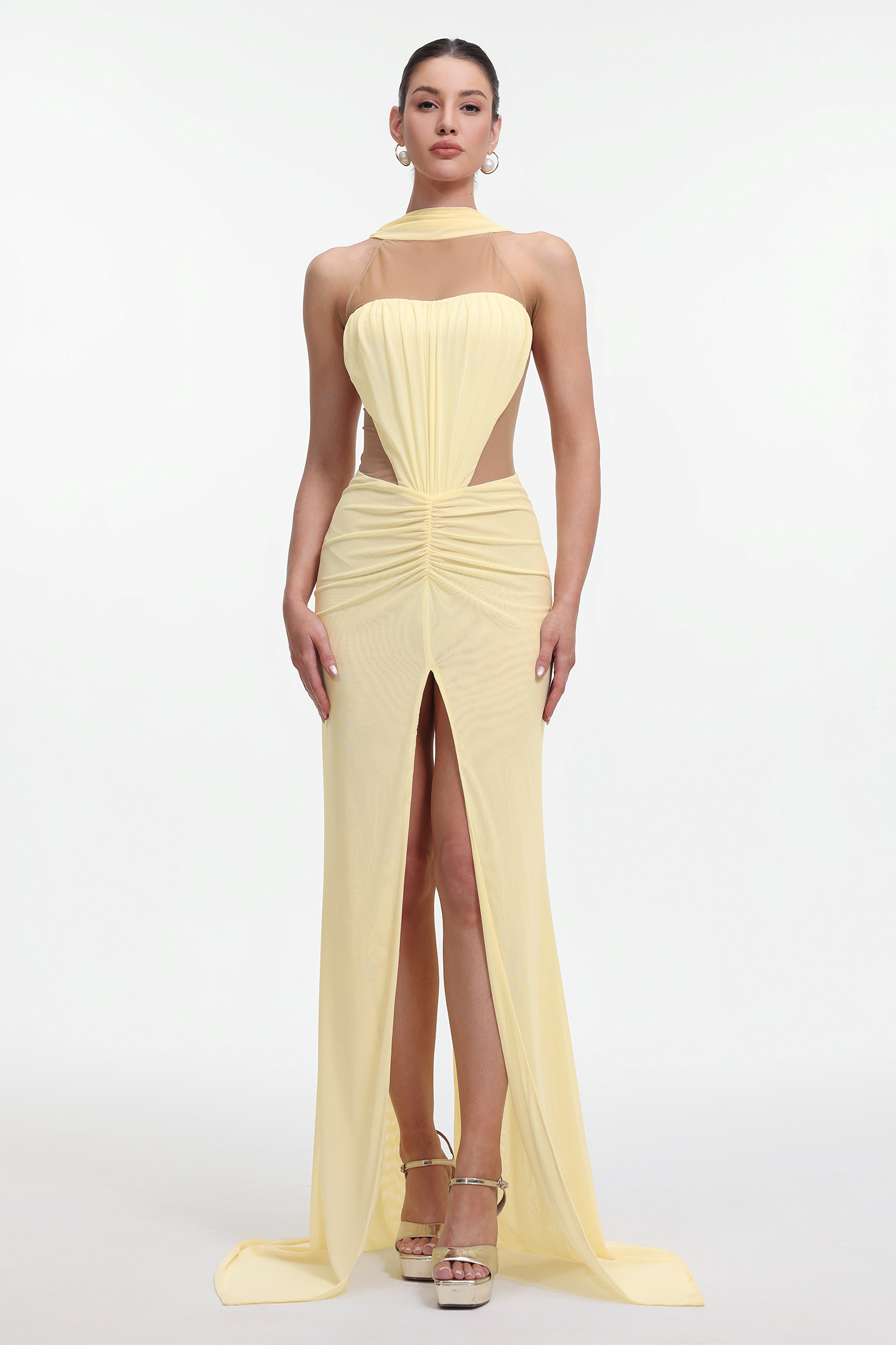 Ieesha Elegant Contour Halter Cut Out Ruched Knit Maxi Dress