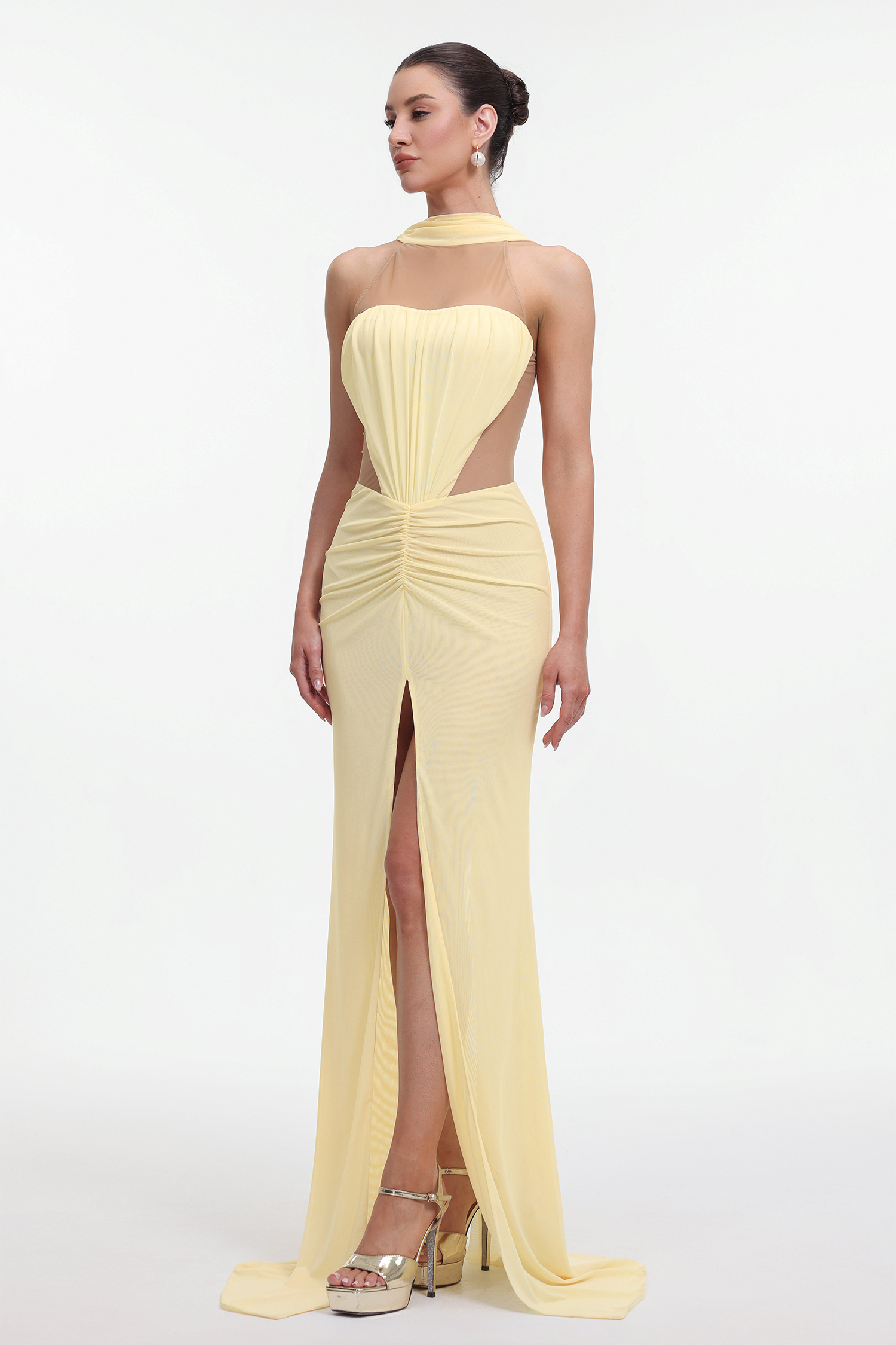Ieesha Elegant Contour Halter Cut Out Ruched Knit Maxi Dress