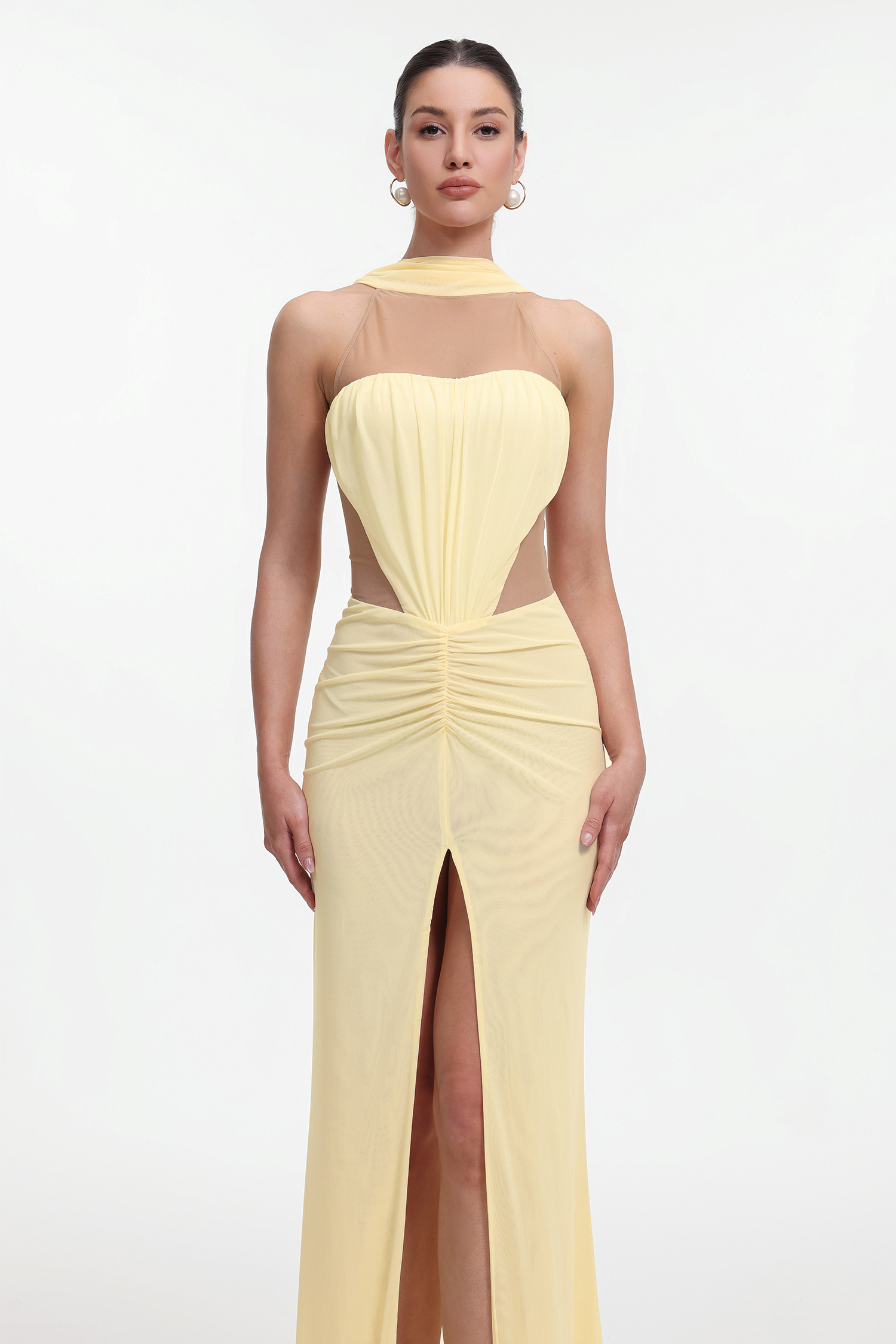 Ieesha Elegant Contour Halter Cut Out Ruched Knit Maxi Dress