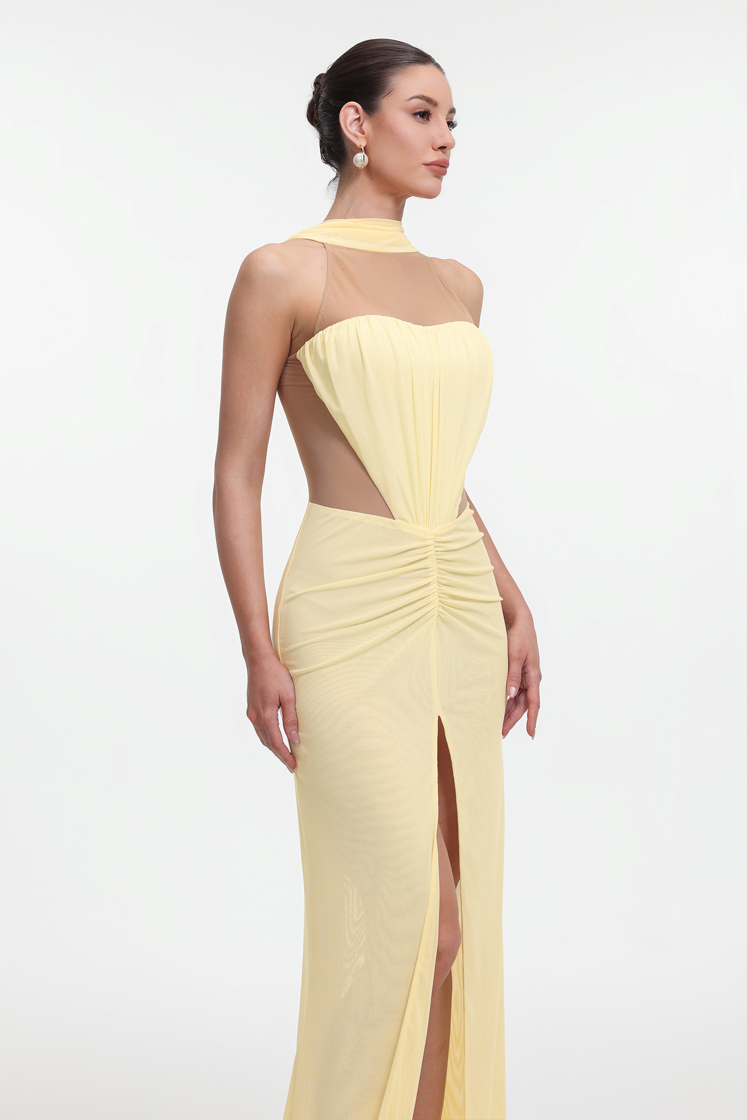 Ieesha Elegant Contour Halter Cut Out Ruched Knit Maxi Dress