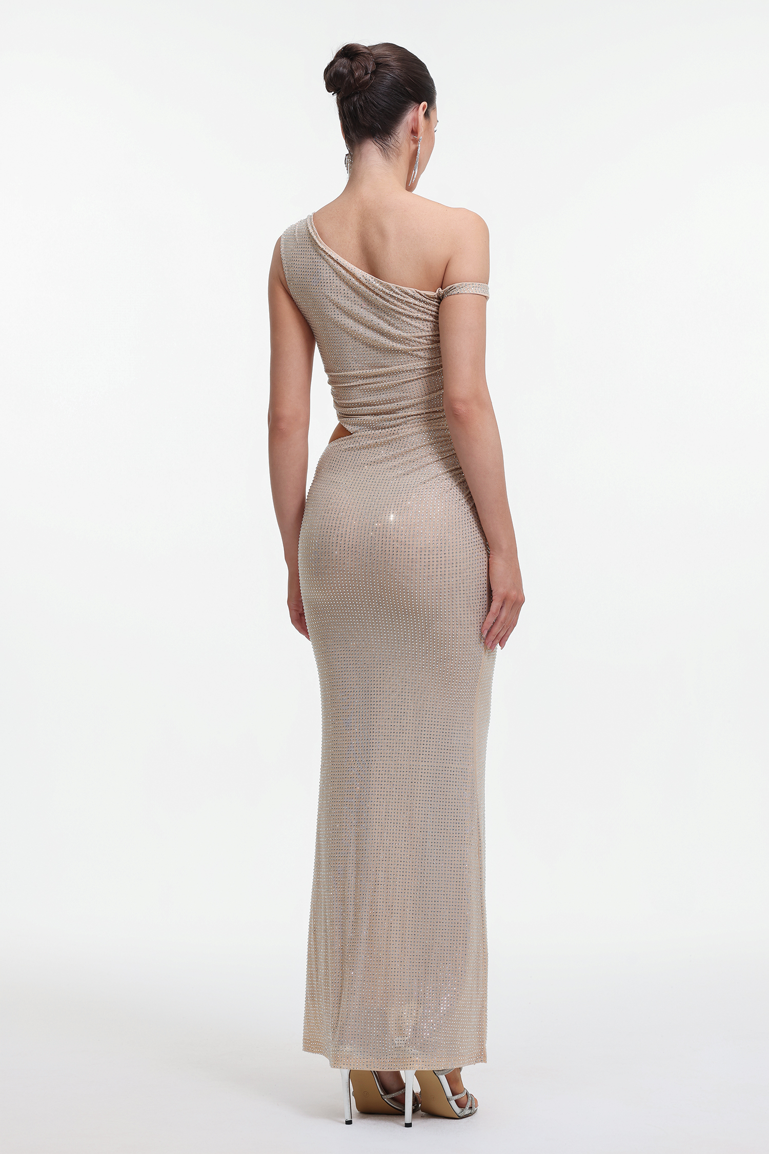 Elegant Contour One Shoulder Crystal Cut Out Maxi Dress