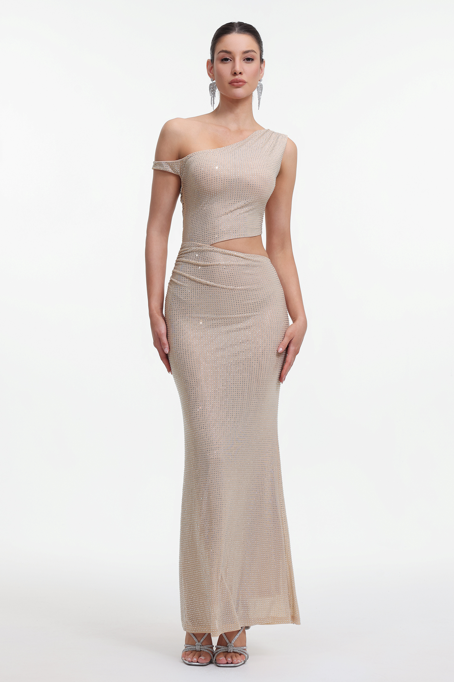 Elegant Contour One Shoulder Crystal Cut Out Maxi Dress