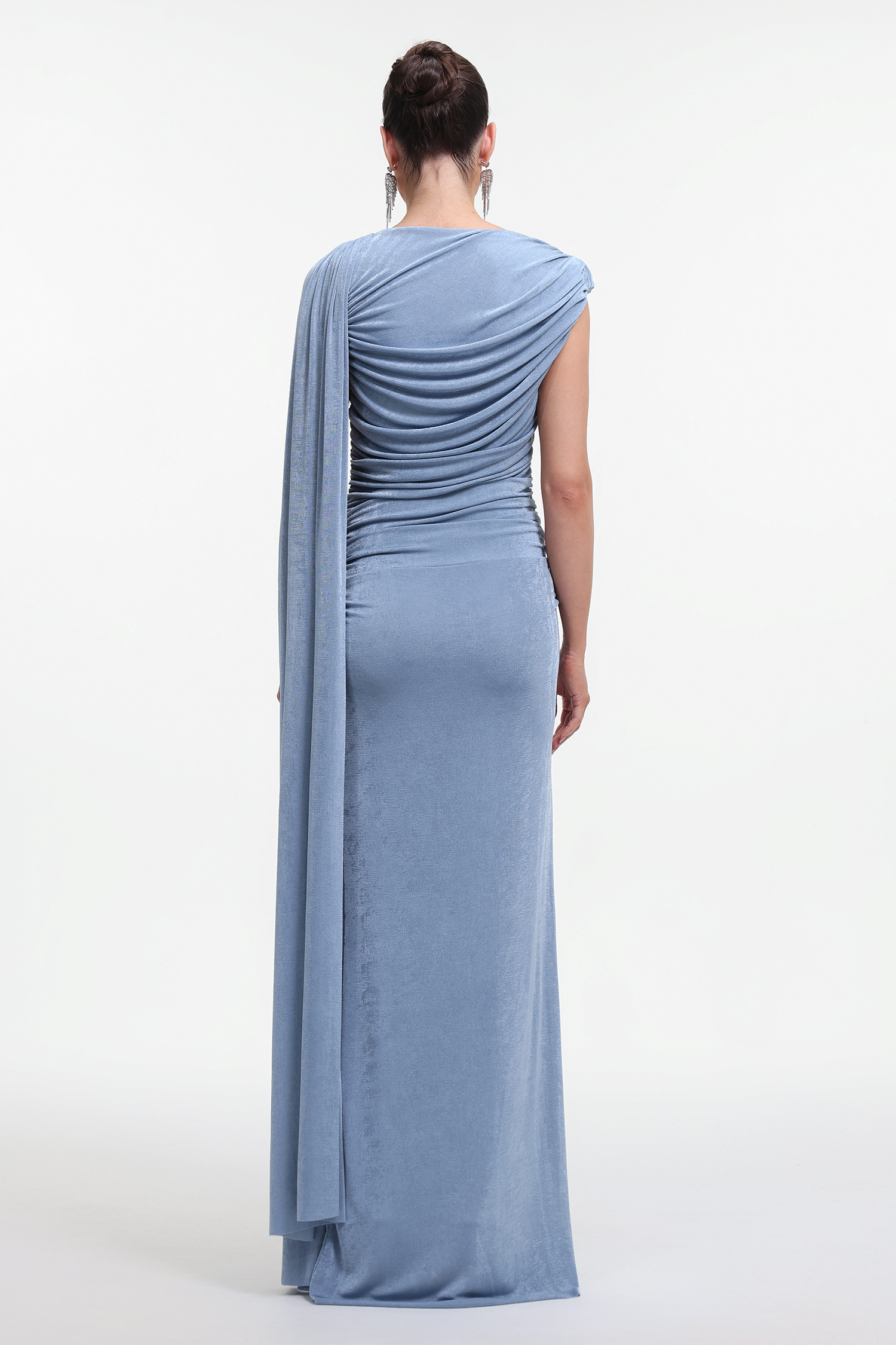 Yahir Elegant Contour Sleeveless Ruched Knit Blue Maxi Dress
