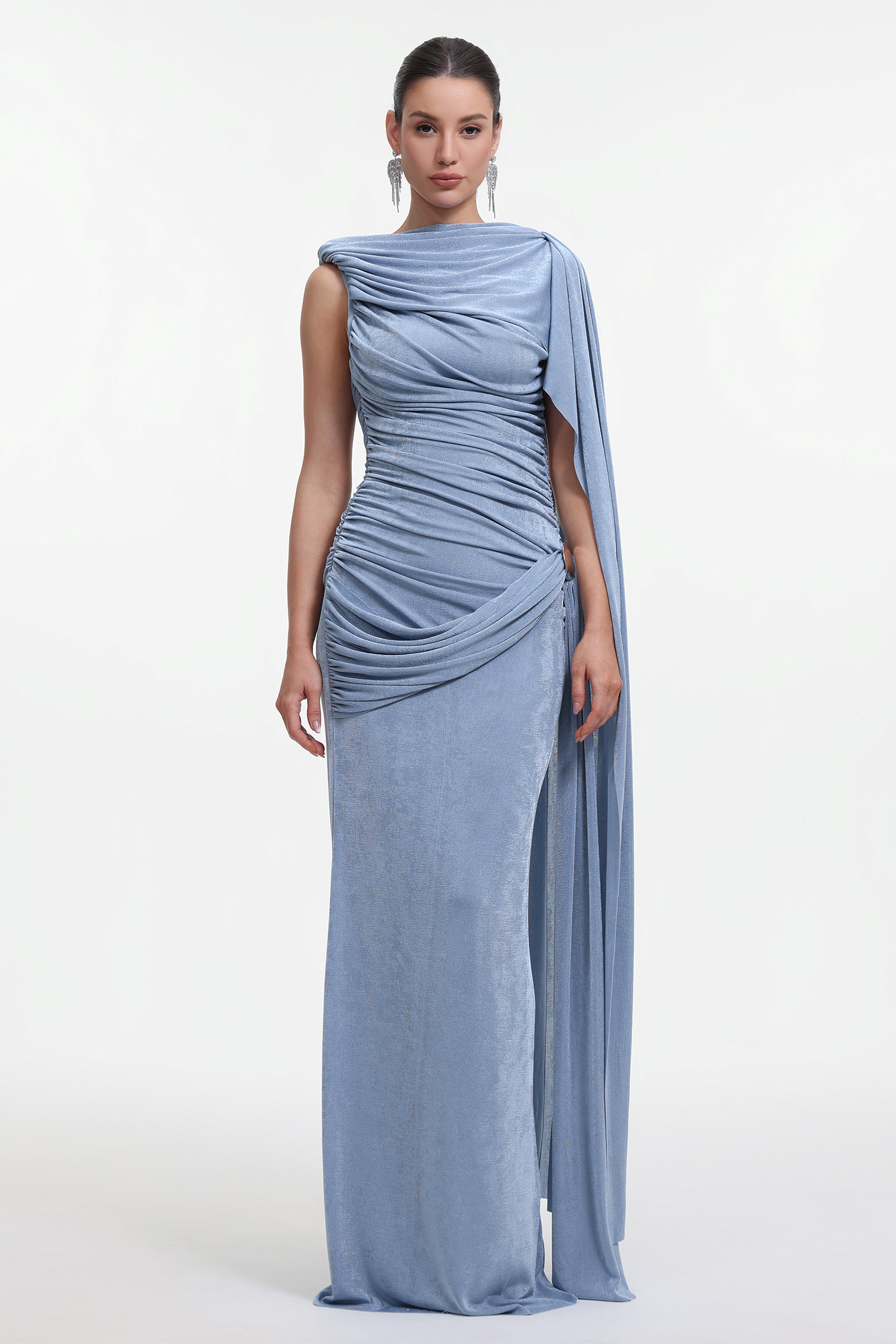 Yahir Elegant Contour Sleeveless Ruched Knit Blue Maxi Dress