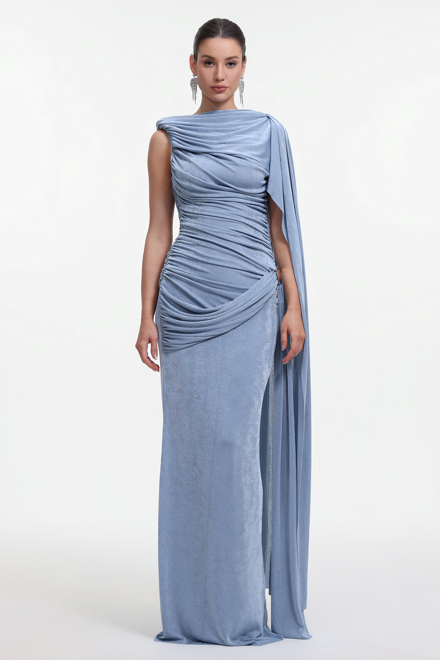 Yahir Elegant Contour Sleeveless Ruched Knit Blue Maxi Dress