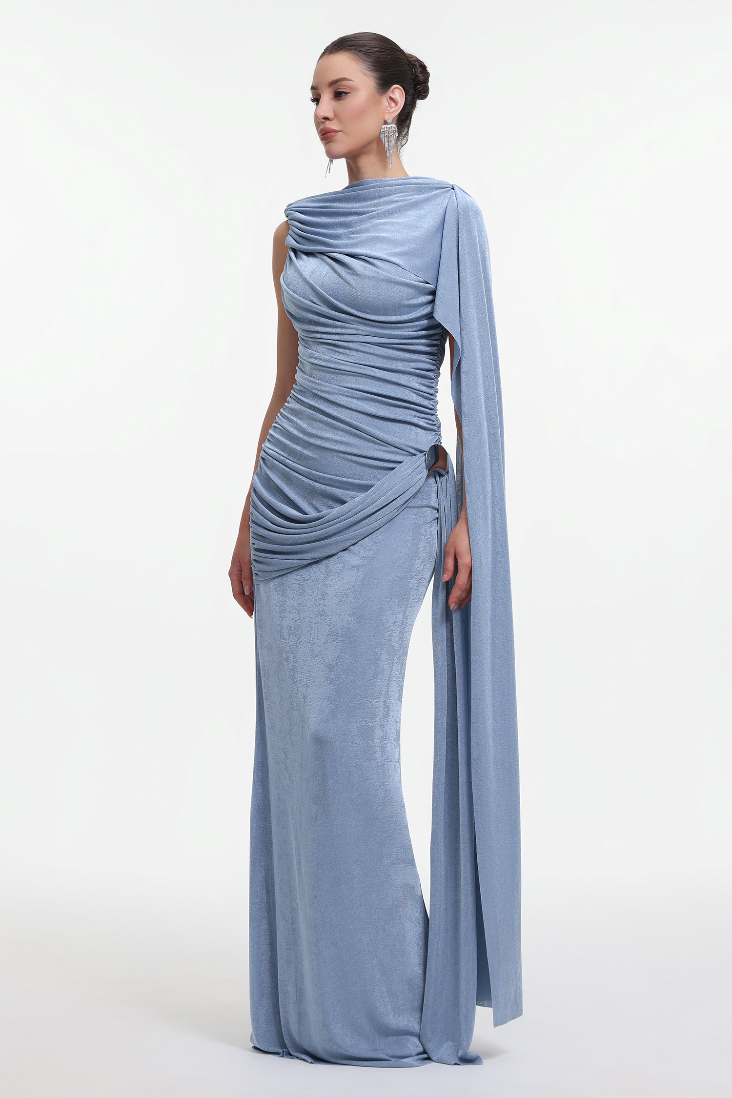Yahir Elegant Contour Sleeveless Ruched Knit Blue Maxi Dress