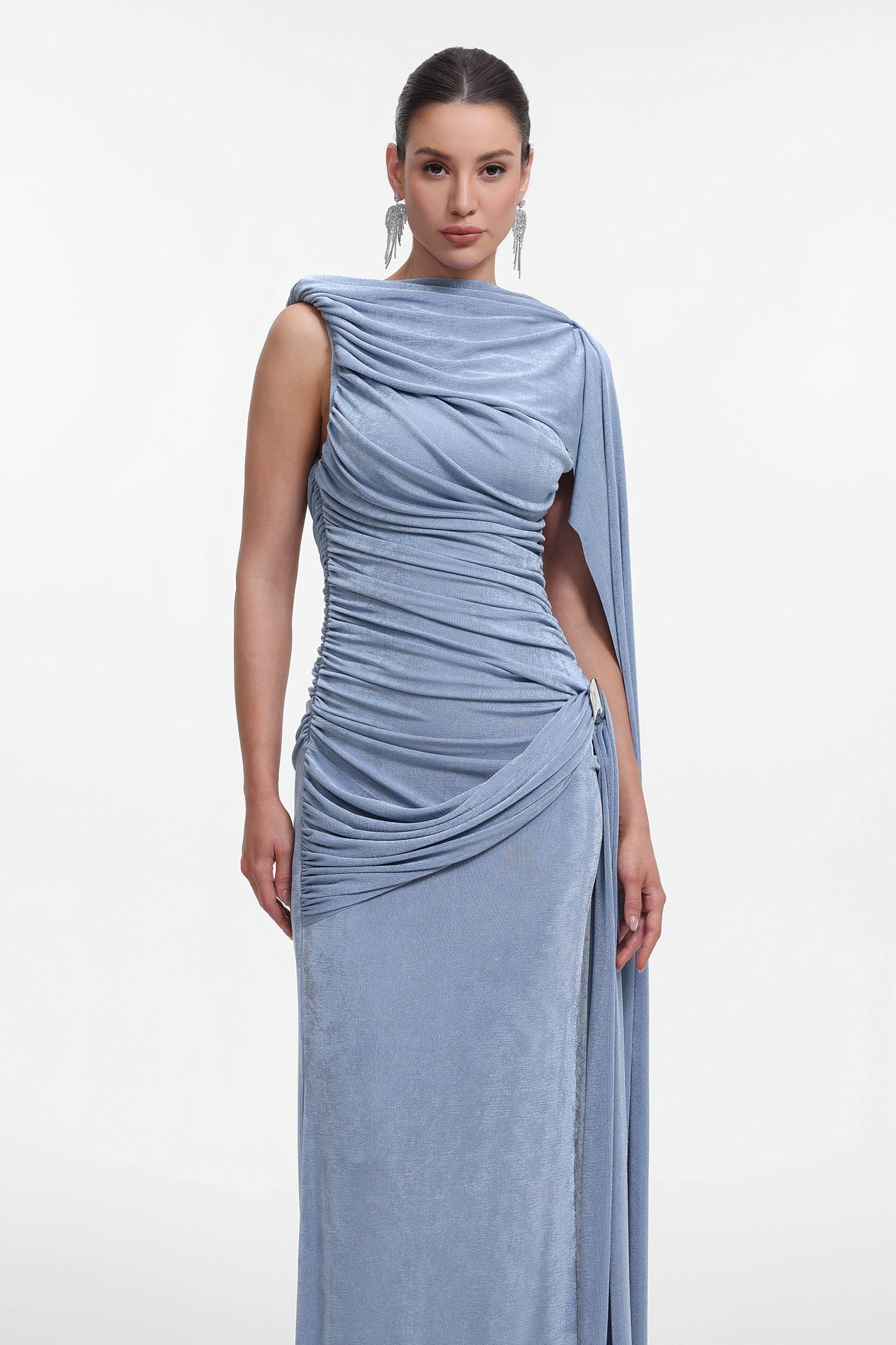 Yahir Elegant Contour Sleeveless Ruched Knit Blue Maxi Dress