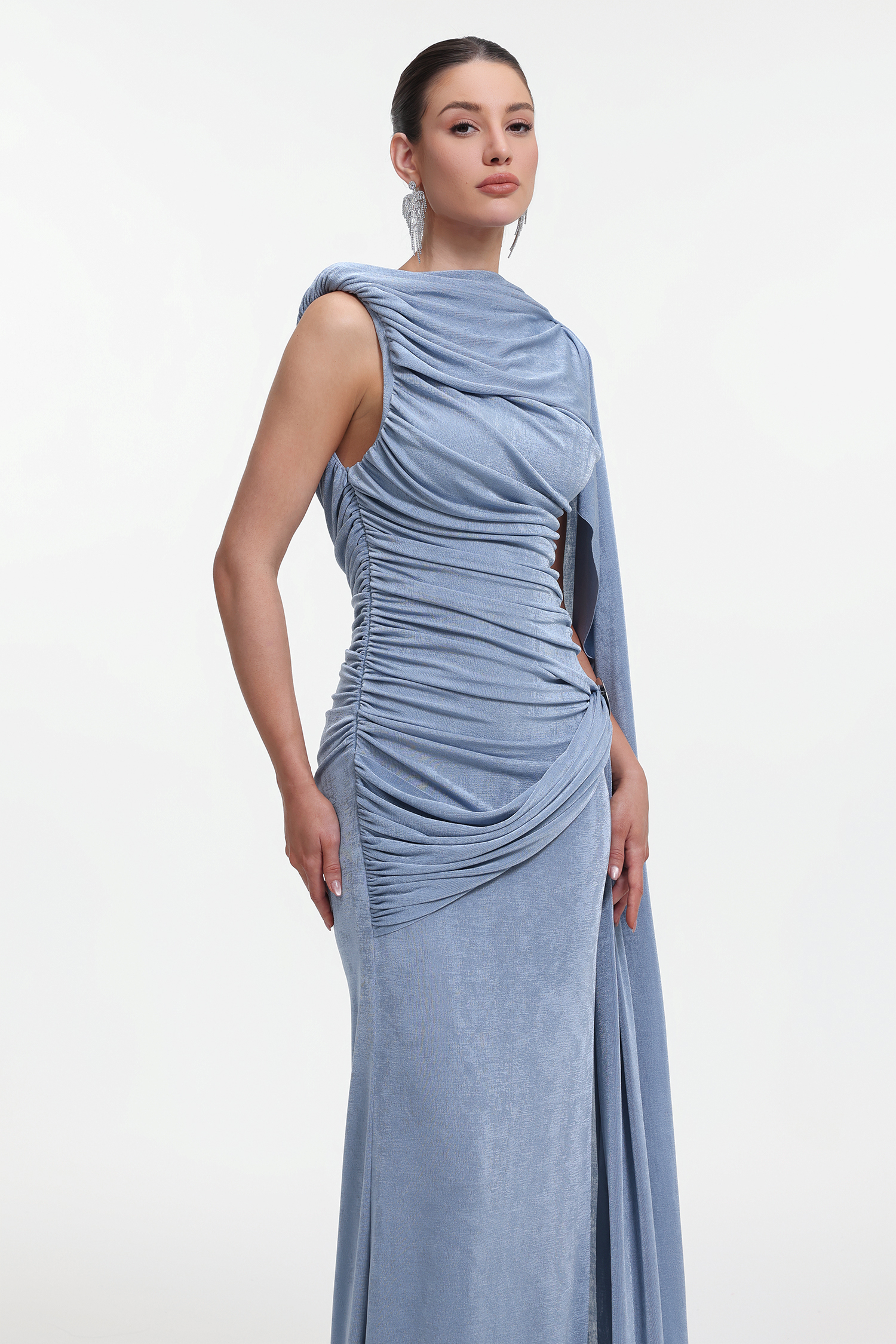 Yahir Elegant Contour Sleeveless Ruched Knit Blue Maxi Dress