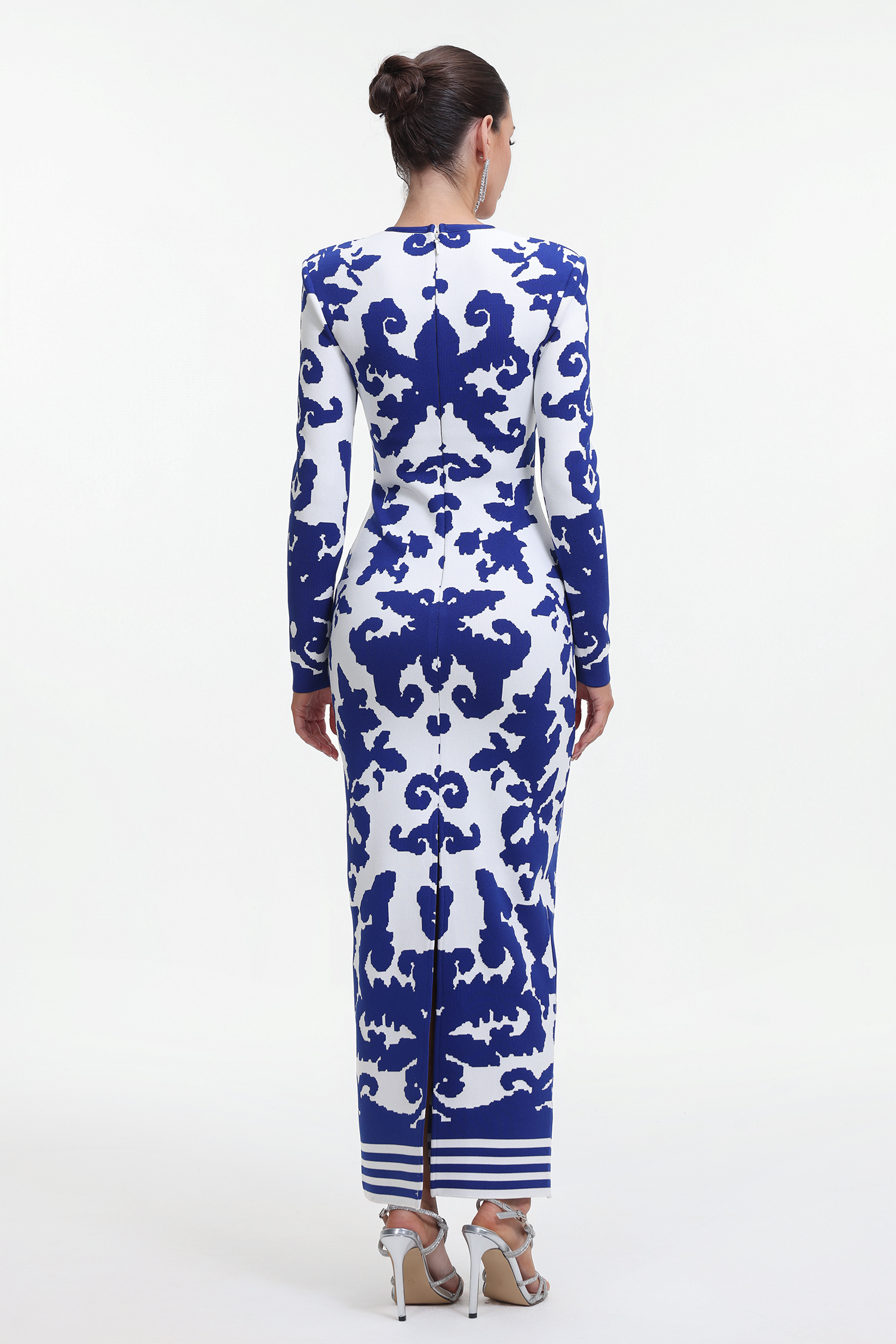 Round Neck Long Sleeve Jacquard Bandage Maxi Dress