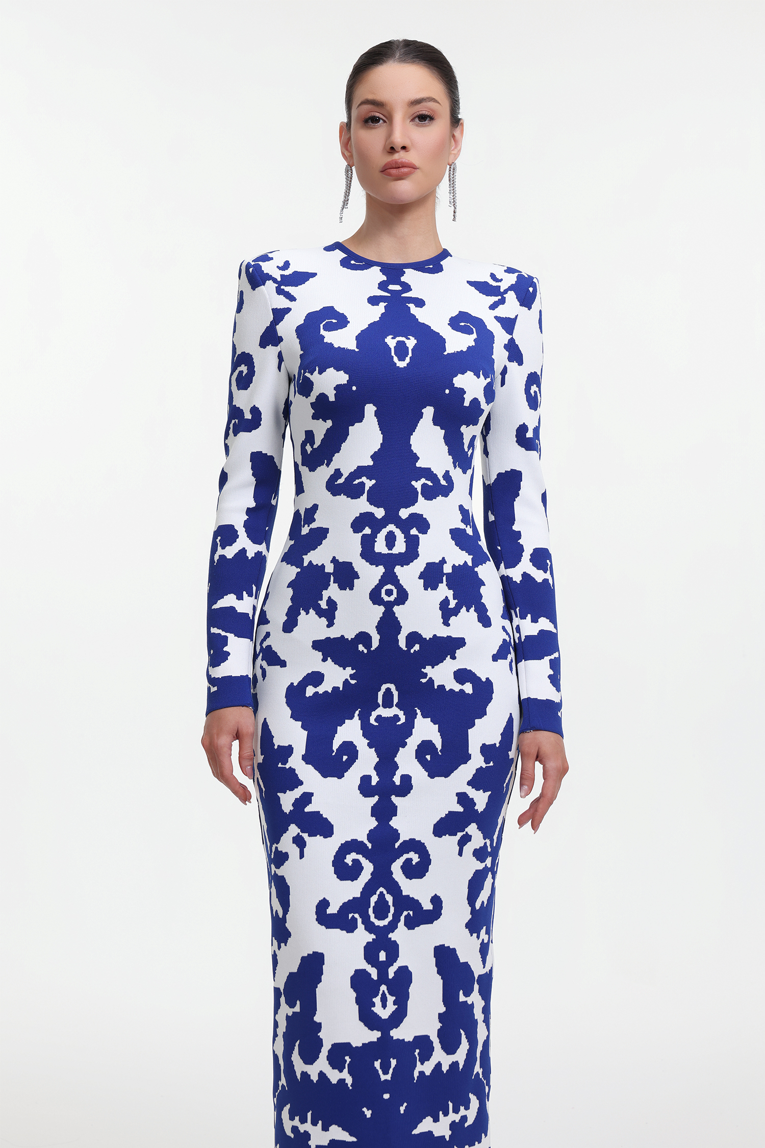 Round Neck Long Sleeve Jacquard Bandage Maxi Dress