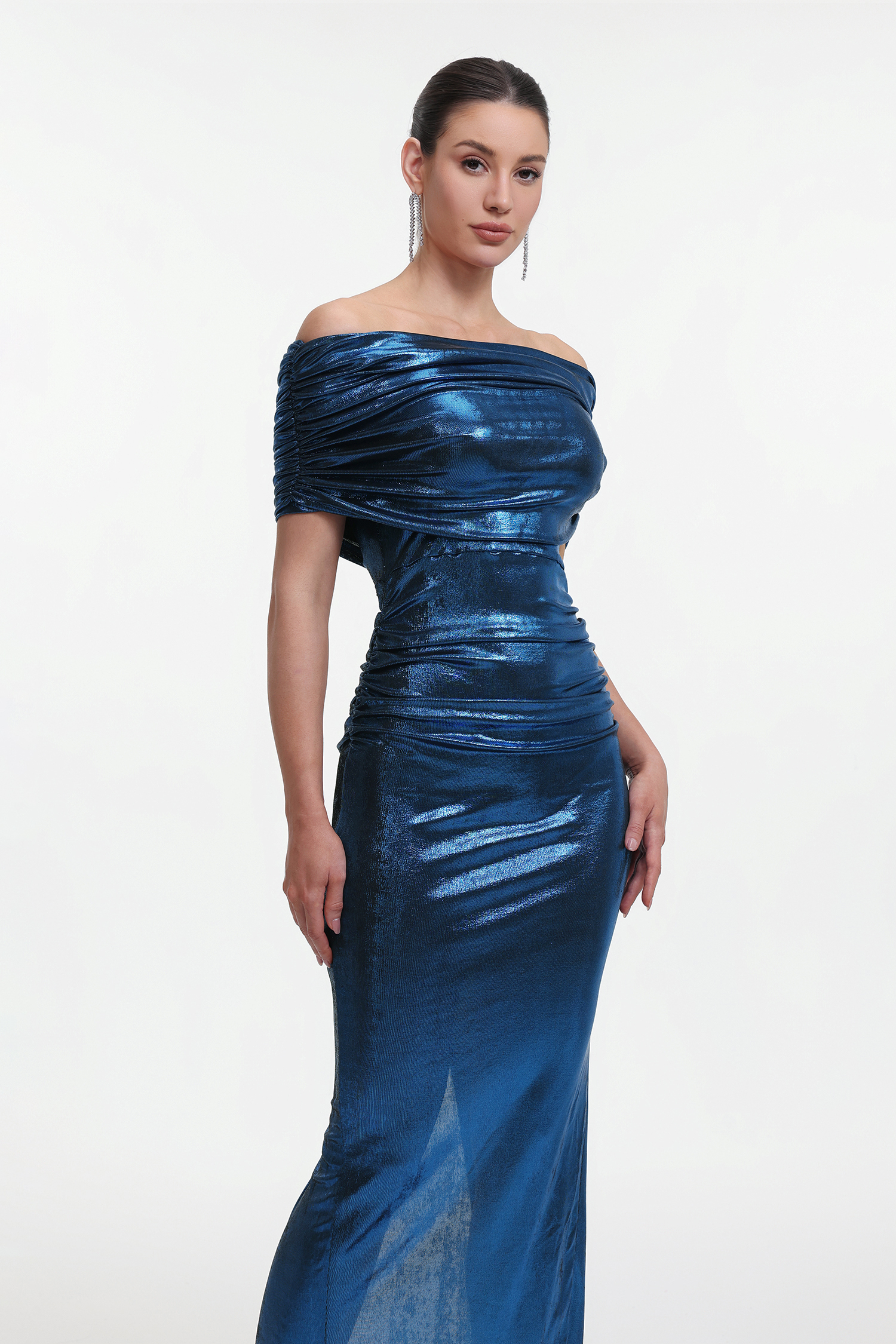 Pamela Chic Contour Metallic Off Shoulder Ruched Maxi Dress