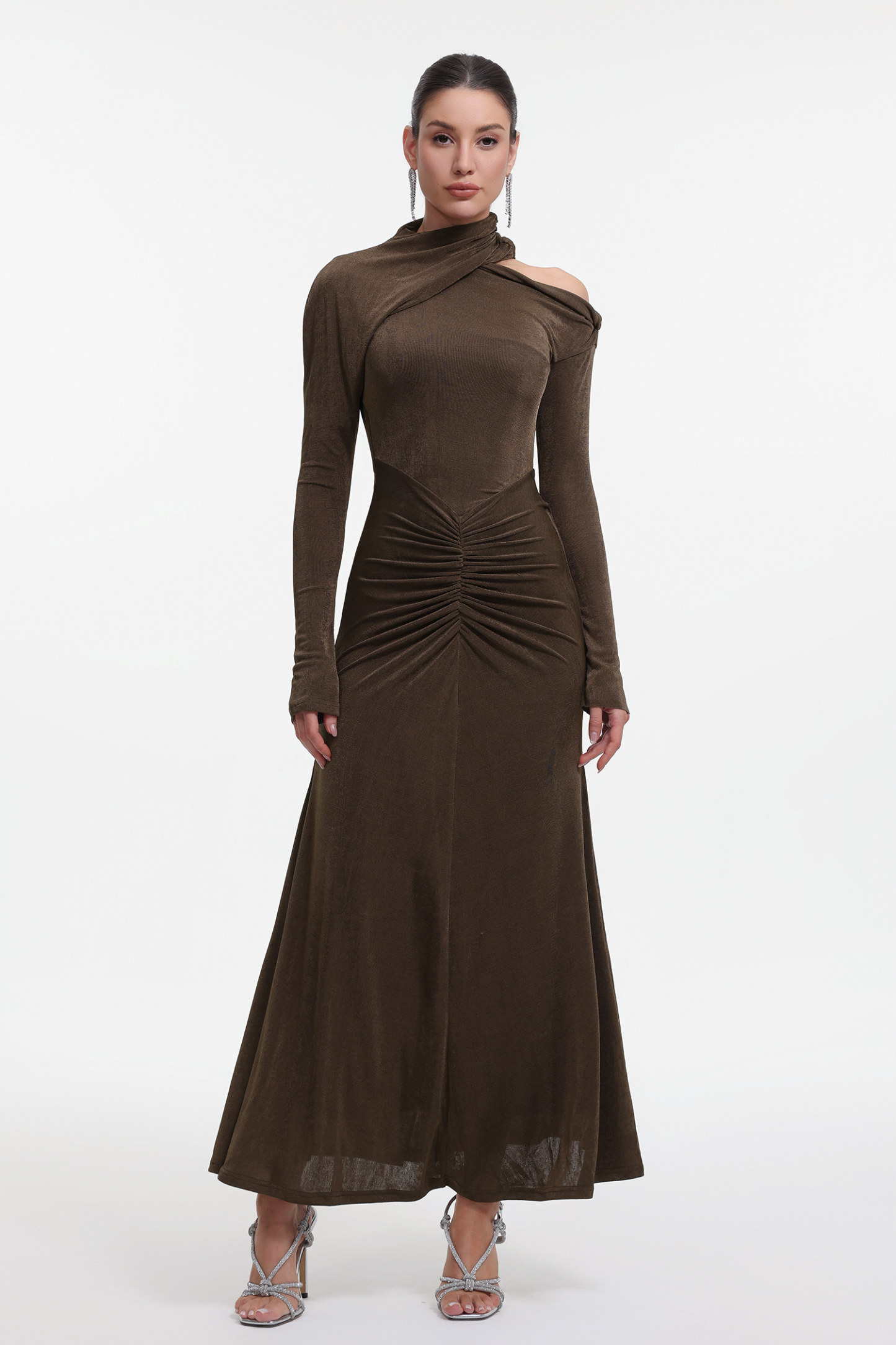 Vilina Elegant Contour Long Sleeve Asymmetrical Ruched Knit Brown Maxi Dress