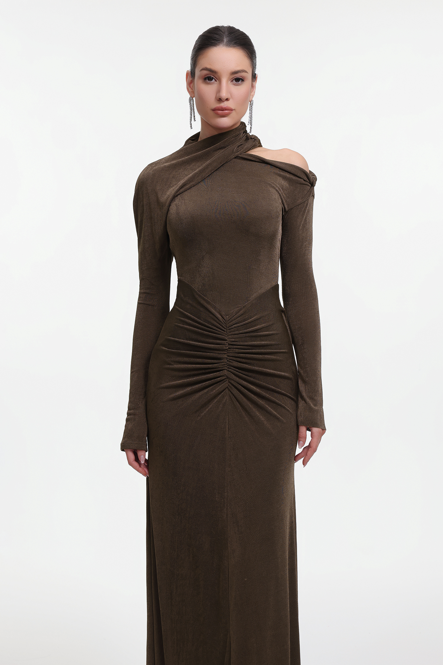 Vilina Elegant Contour Long Sleeve Asymmetrical Ruched Knit Brown Maxi Dress