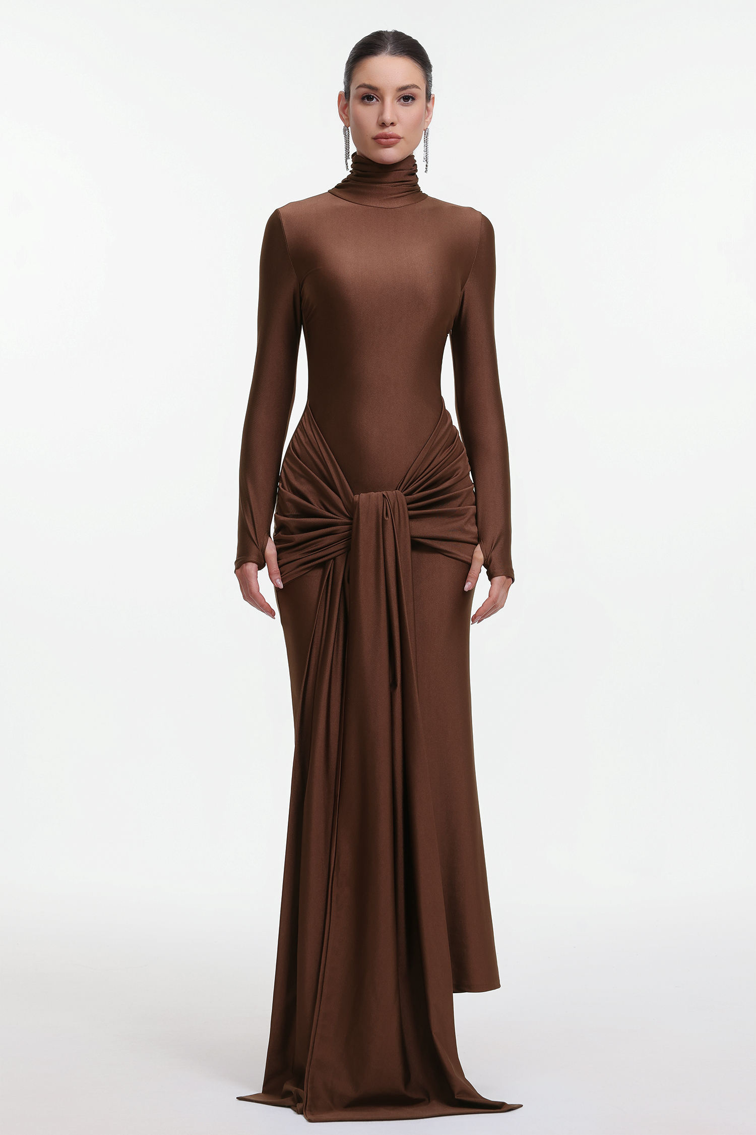 Odely Elegant Contour Long Sleeve Knot Jersey Maxi Dress