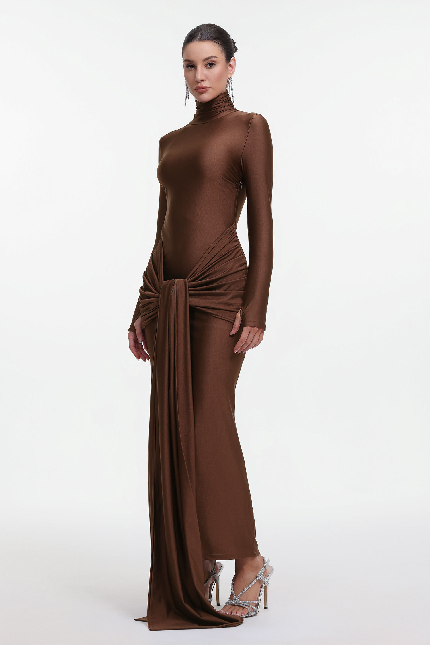 Odely Elegant Contour Long Sleeve Knot Jersey Maxi Dress