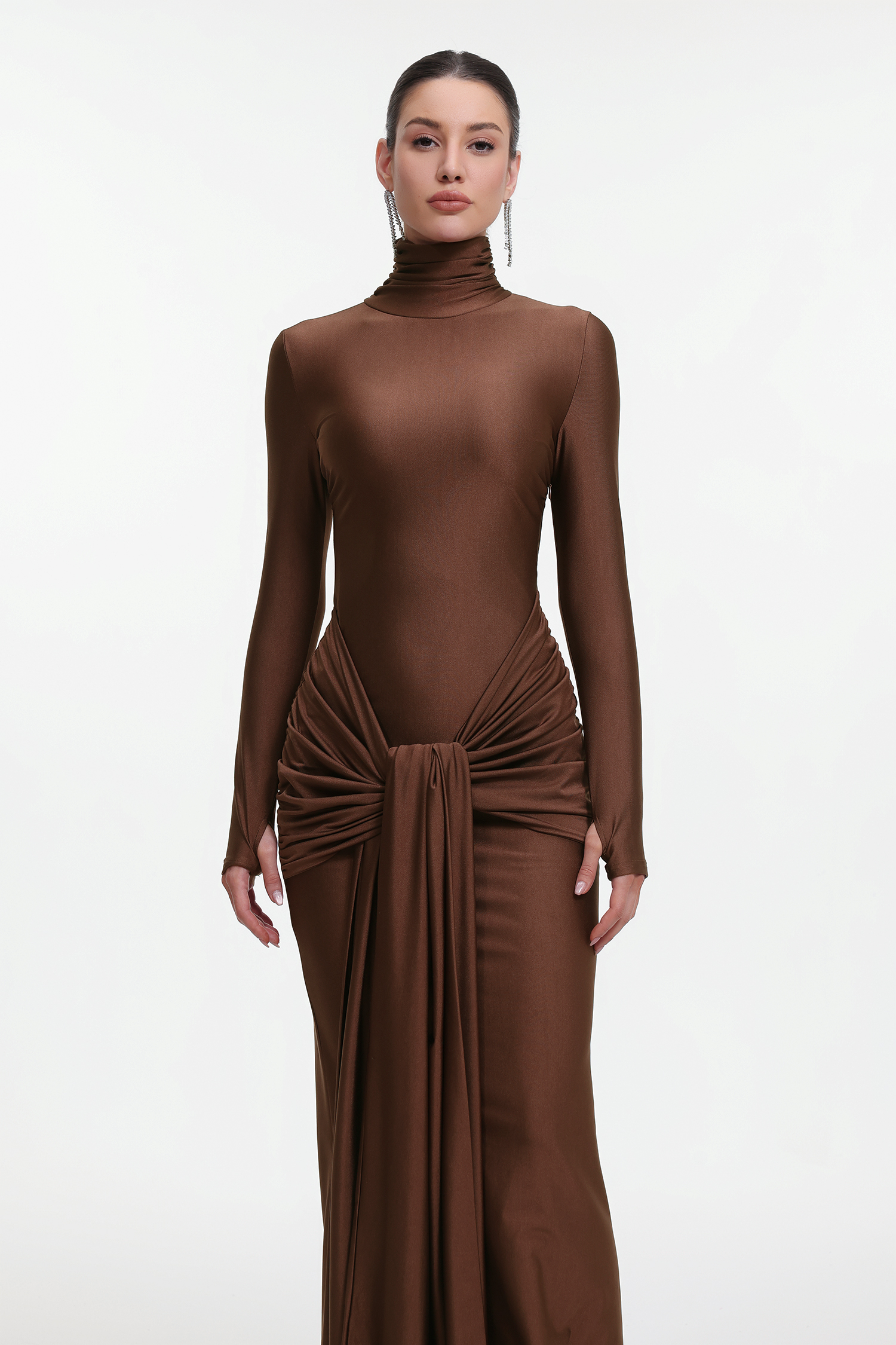 Odely Elegant Contour Long Sleeve Knot Jersey Maxi Dress