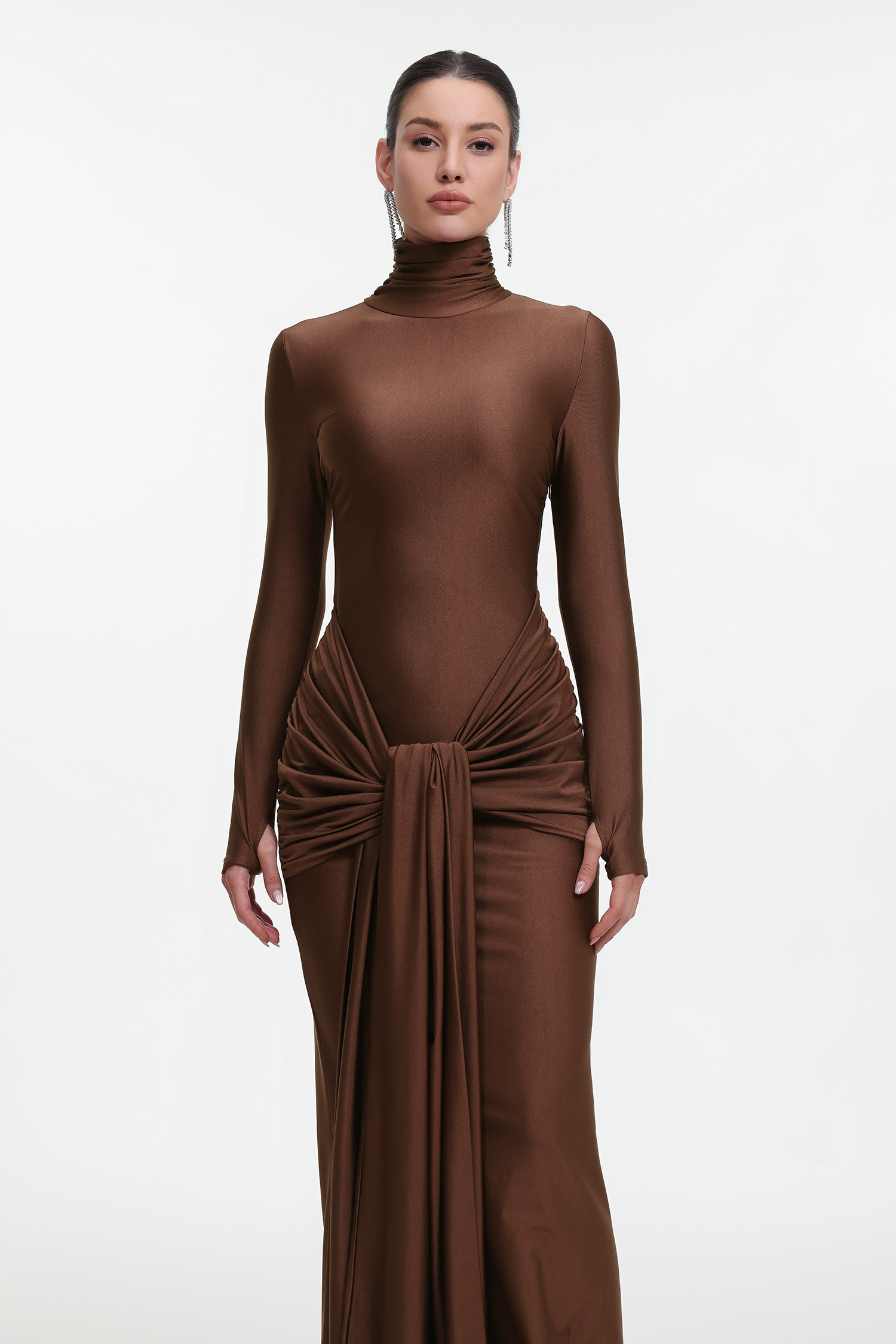 Odely Elegant Contour Long Sleeve Knot Jersey Maxi Dress