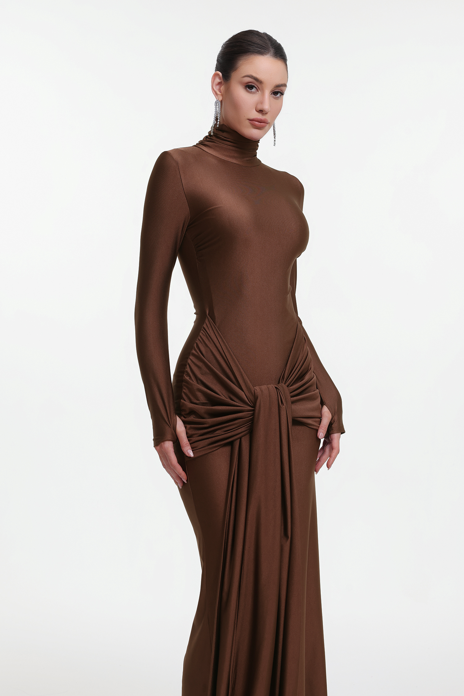 Odely Elegant Contour Long Sleeve Knot Jersey Maxi Dress