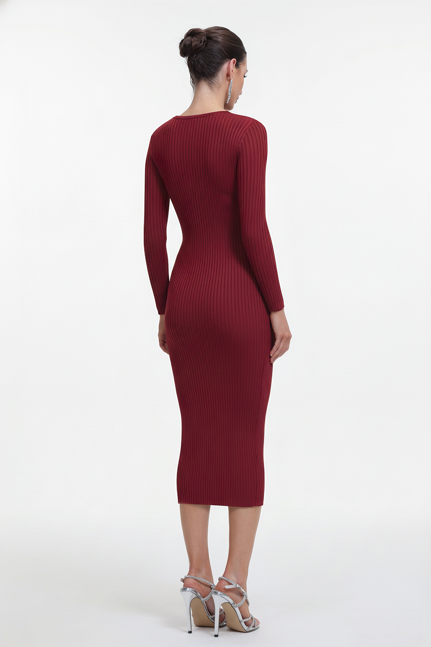 Classic Contour Long Sleeve Cut Out Knit Red Maxi Dress