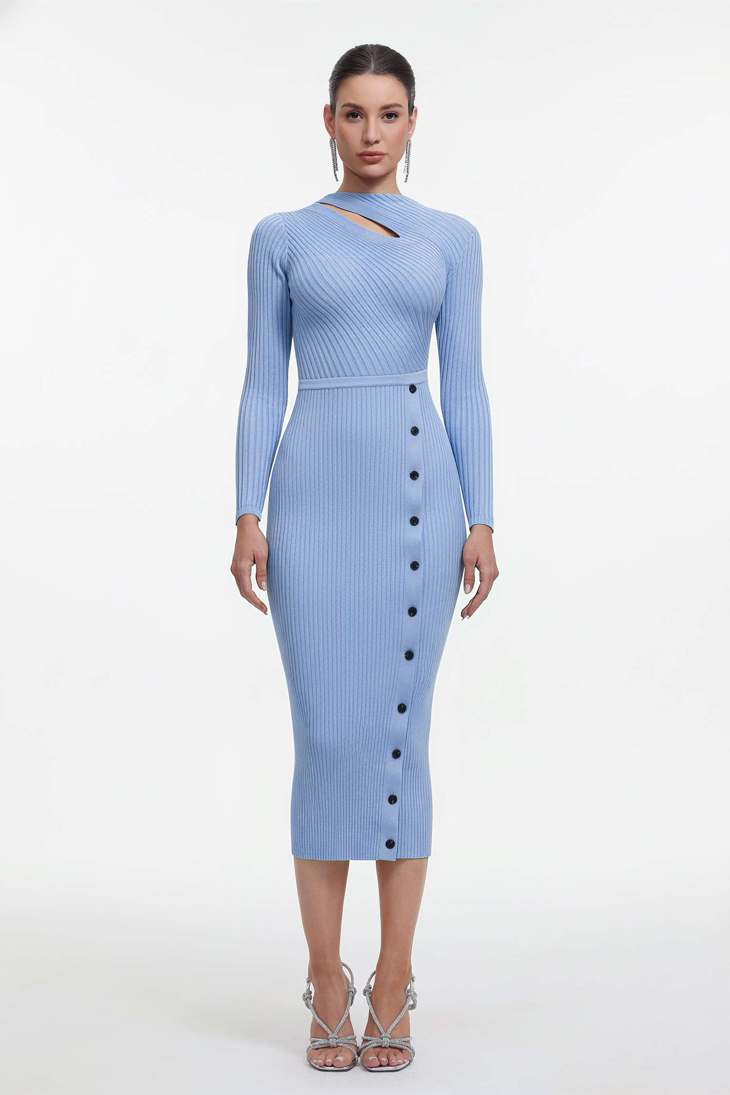 Classic Contour Long Sleeve Cut Out Knit Blue Maxi Dress