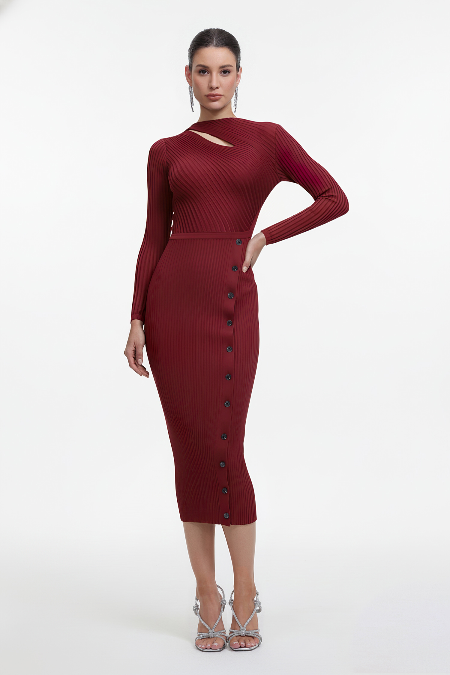 Classic Contour Long Sleeve Cut Out Knit Red Maxi Dress