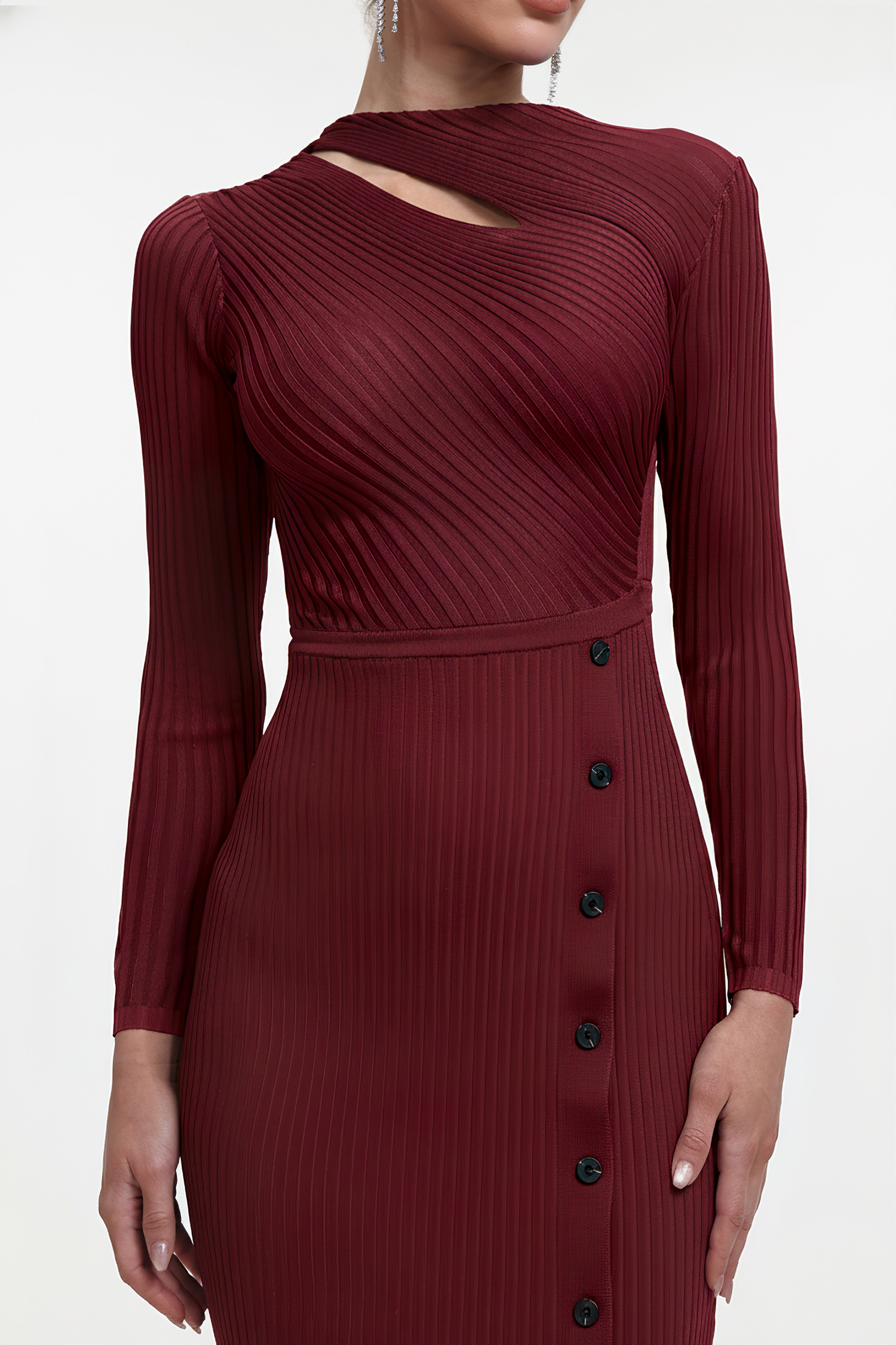 Classic Contour Long Sleeve Cut Out Knit Red Maxi Dress