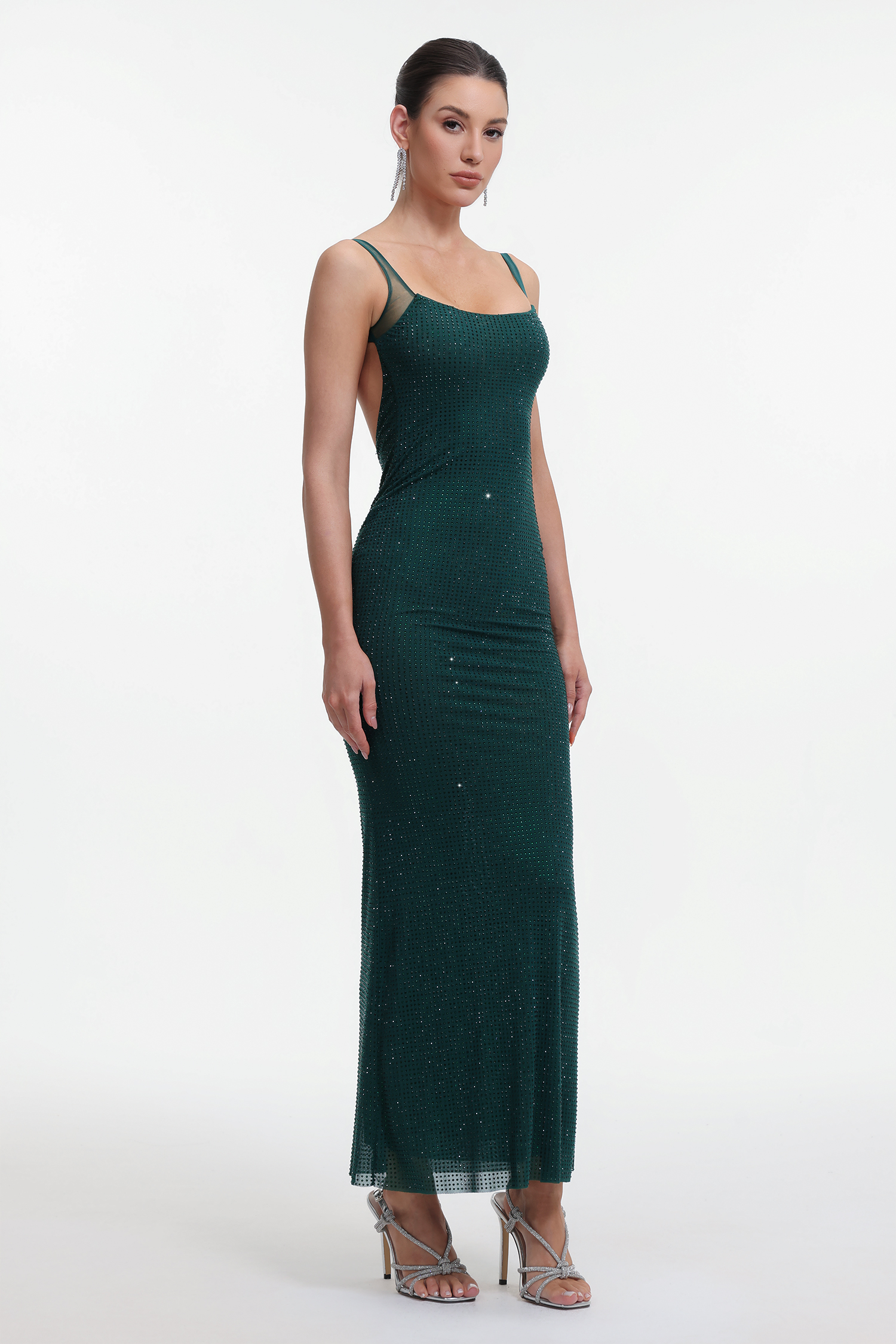 Pillose Diamond Backless Green Maxi Dress