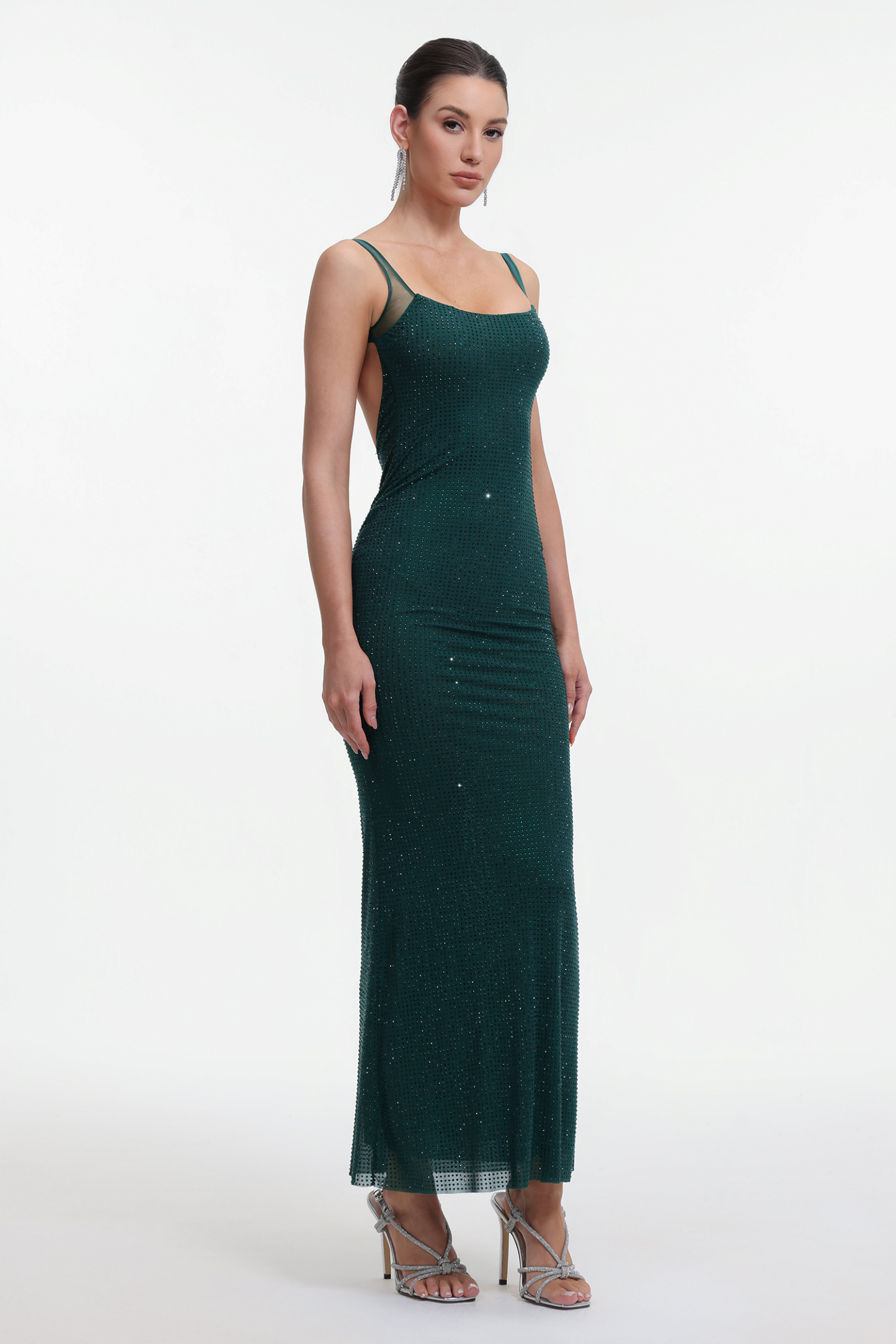 Pillose Diamond Backless Green Maxi Dress