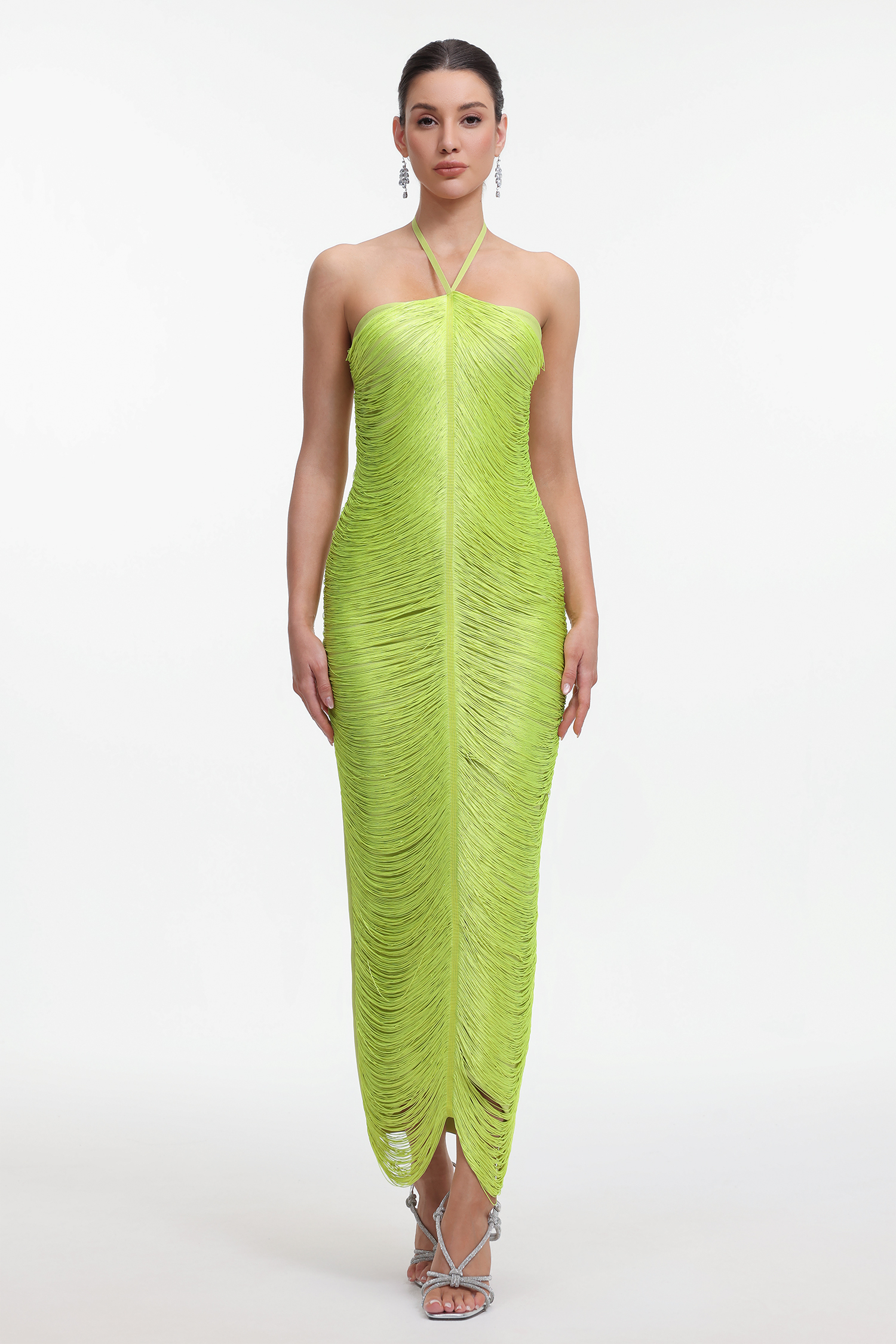 Jozie Classic Contour Halter Fringe Green Maxi Dress