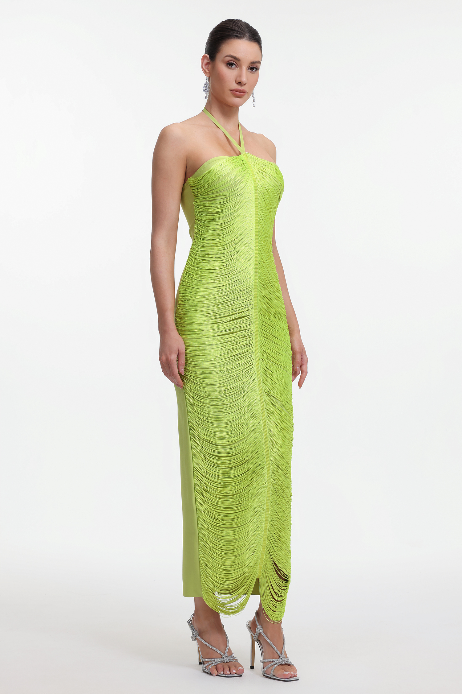 Jozie Classic Contour Halter Fringe Green Maxi Dress