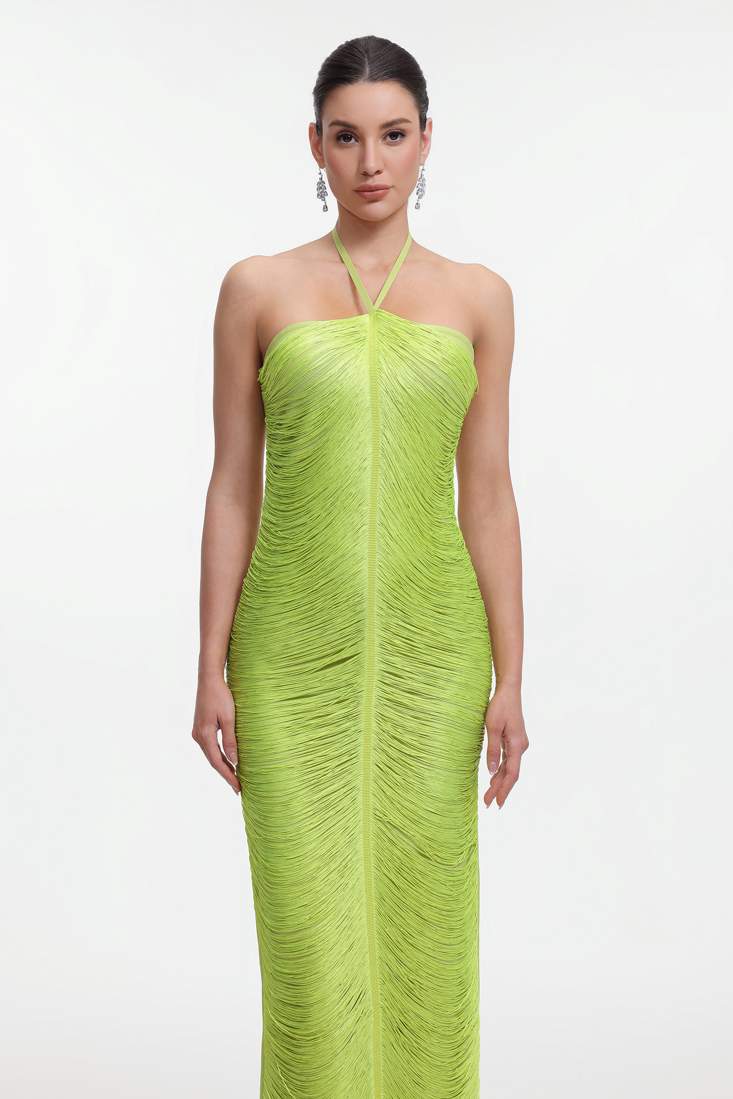Jozie Classic Contour Halter Fringe Green Maxi Dress – Bellabarnett