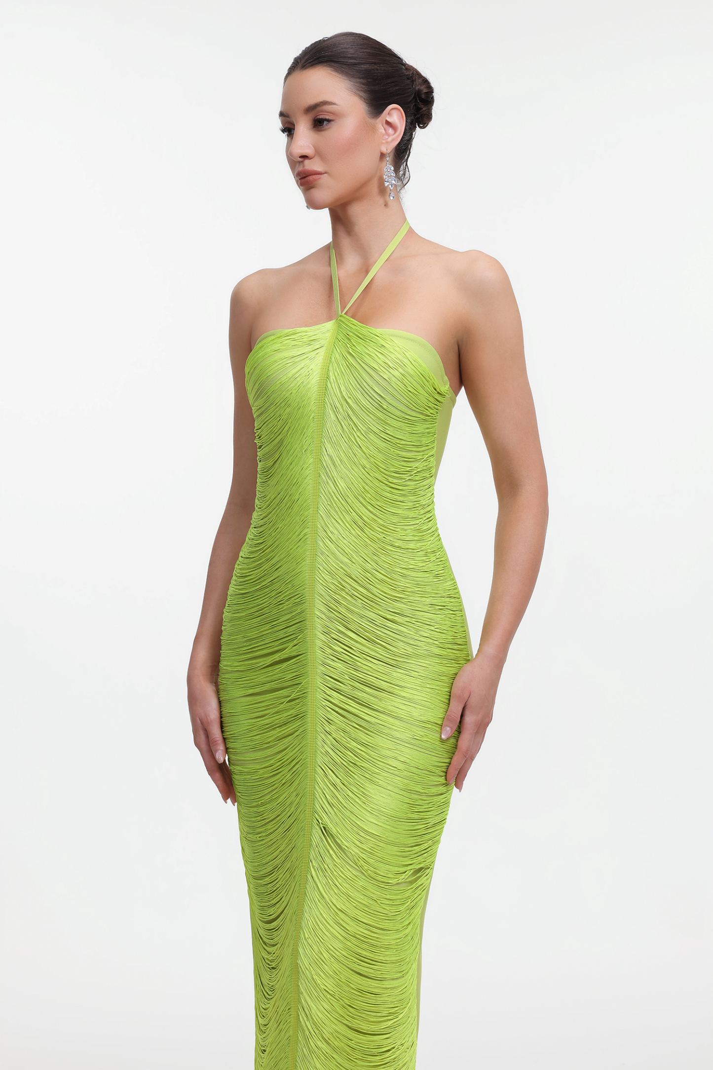 Jozie Classic Contour Halter Fringe Green Maxi Dress