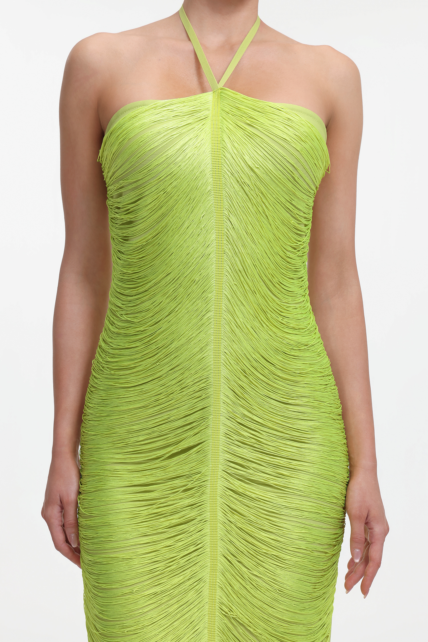 Jozie Classic Contour Halter Fringe Green Maxi Dress