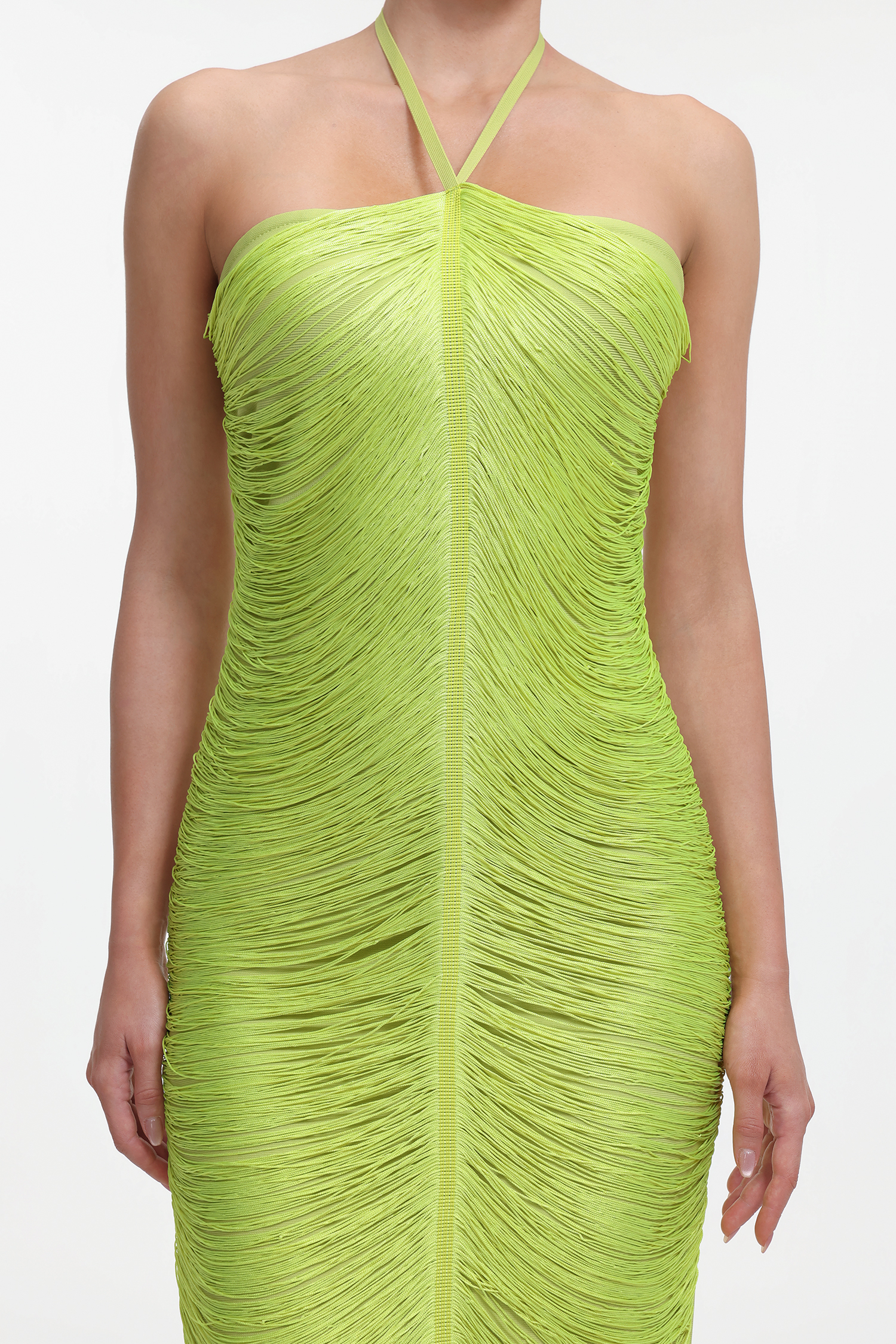 Jozie Classic Contour Halter Fringe Green Maxi Dress