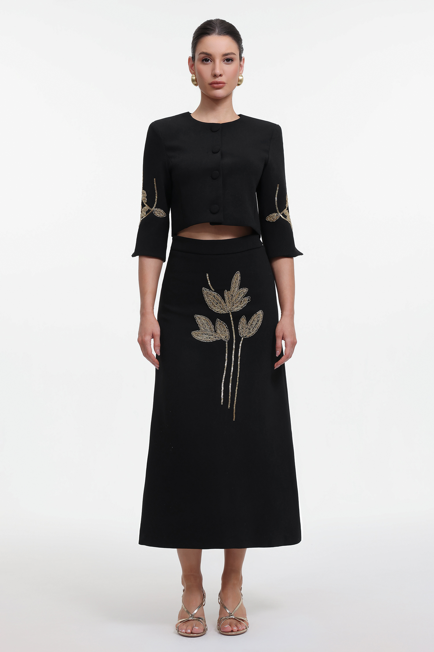 Debra Classic Tailored Beaded Floral Jacket and Skirt Set