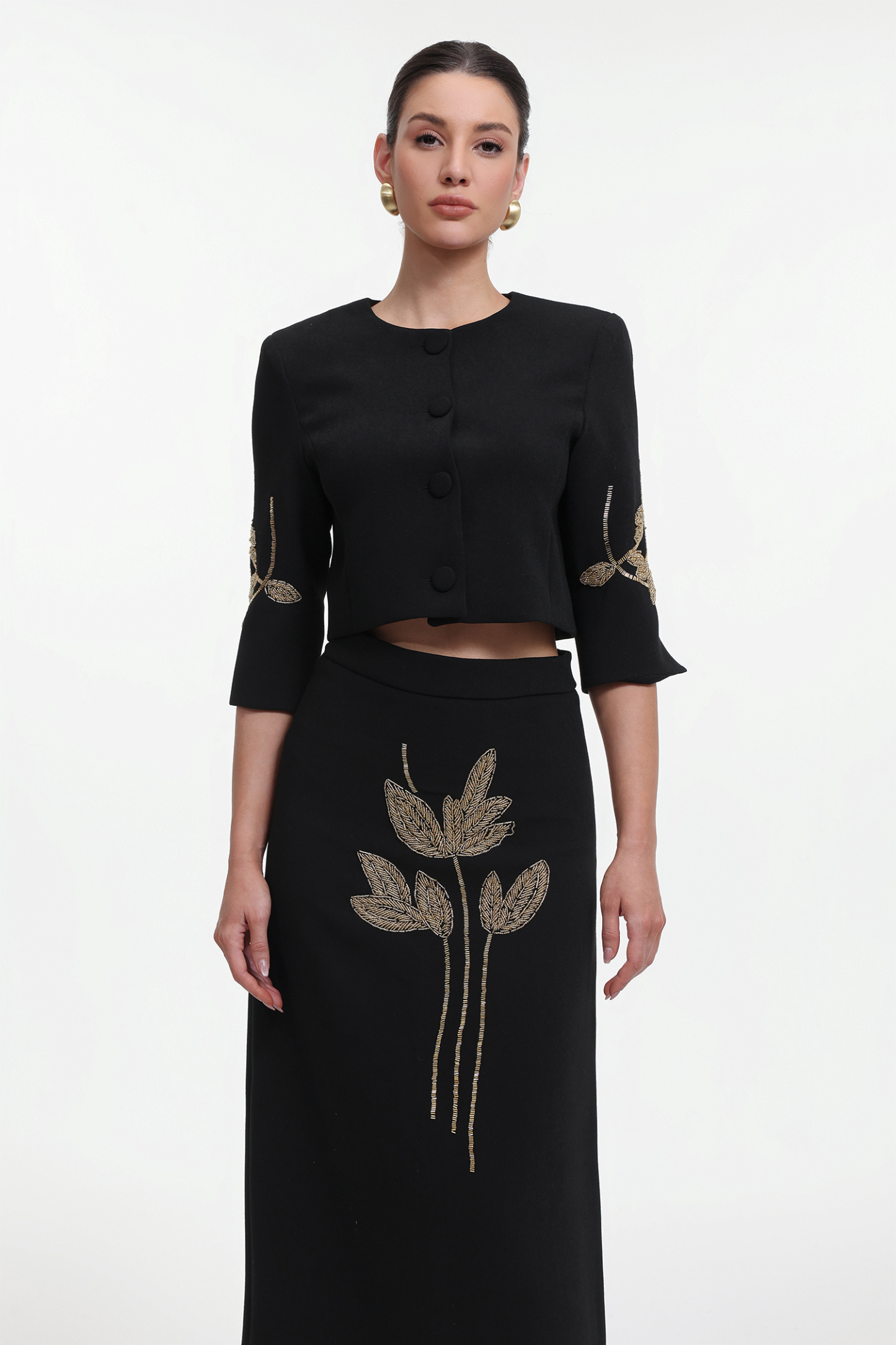 Debra Classic Tailored Beaded Floral Jacket and Skirt Set