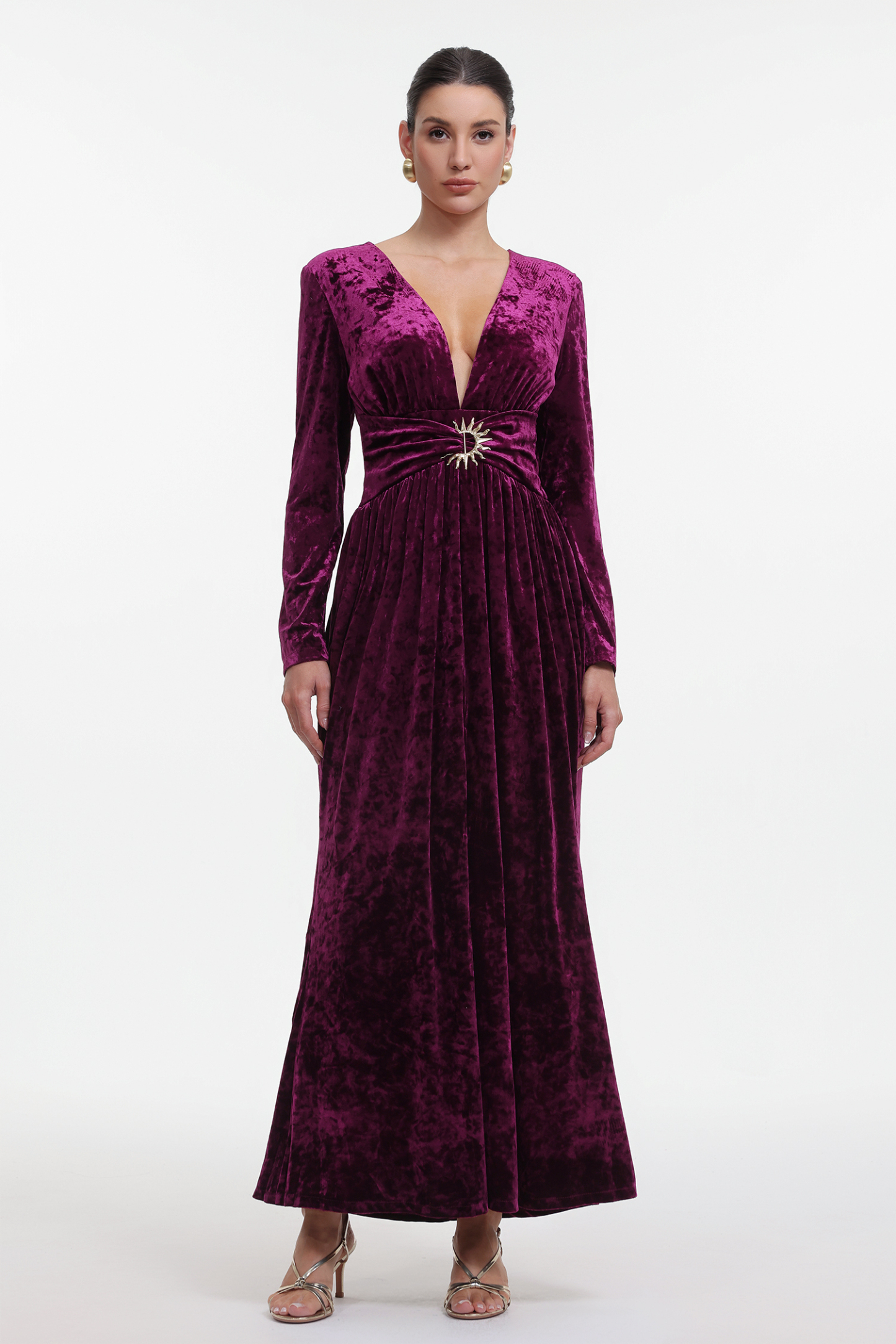 Ikara Chic Contour Long Sleeve V Neck Velvet Maxi Dress