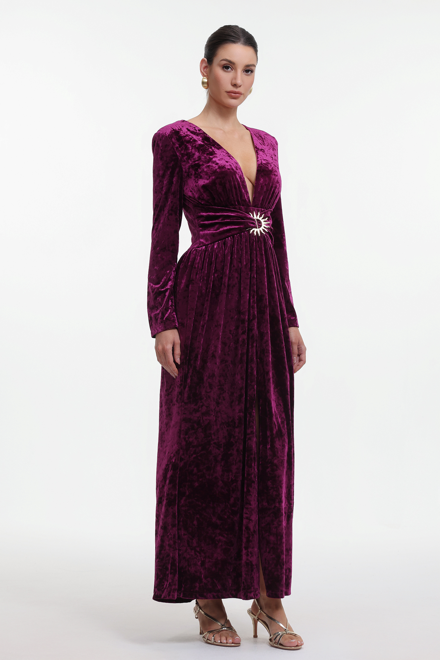 Ikara Chic Contour Long Sleeve V Neck Velvet Maxi Dress